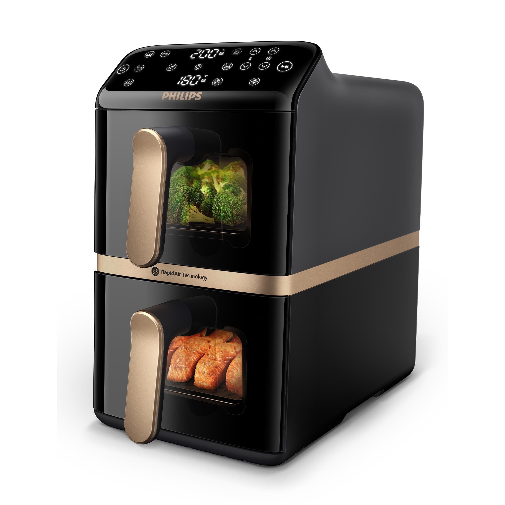 Stacked dual-basket air fryer, black with gold trim and two front basket handles.