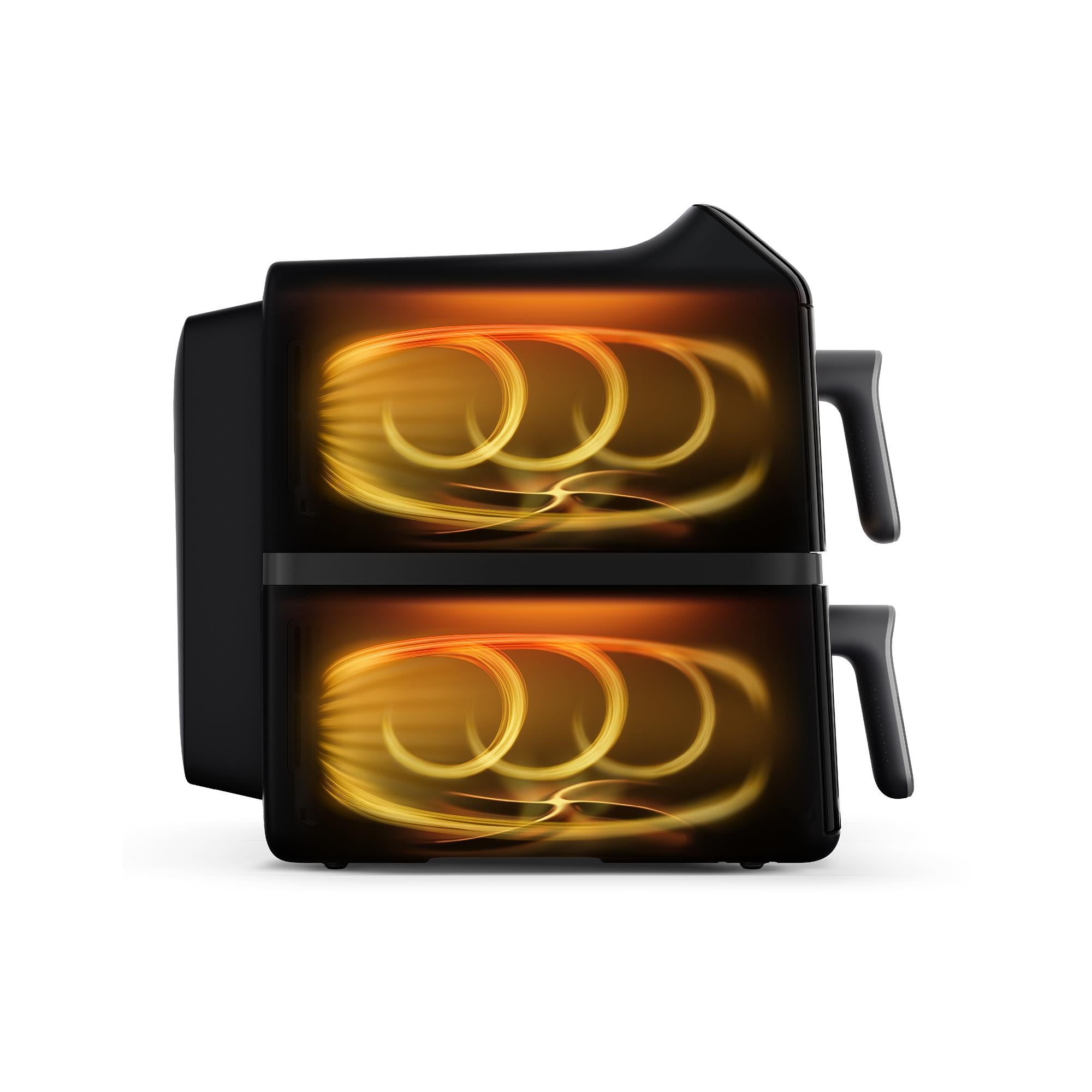 Stacked dual-basket air fryer with heating airflow lines shown through baskets.