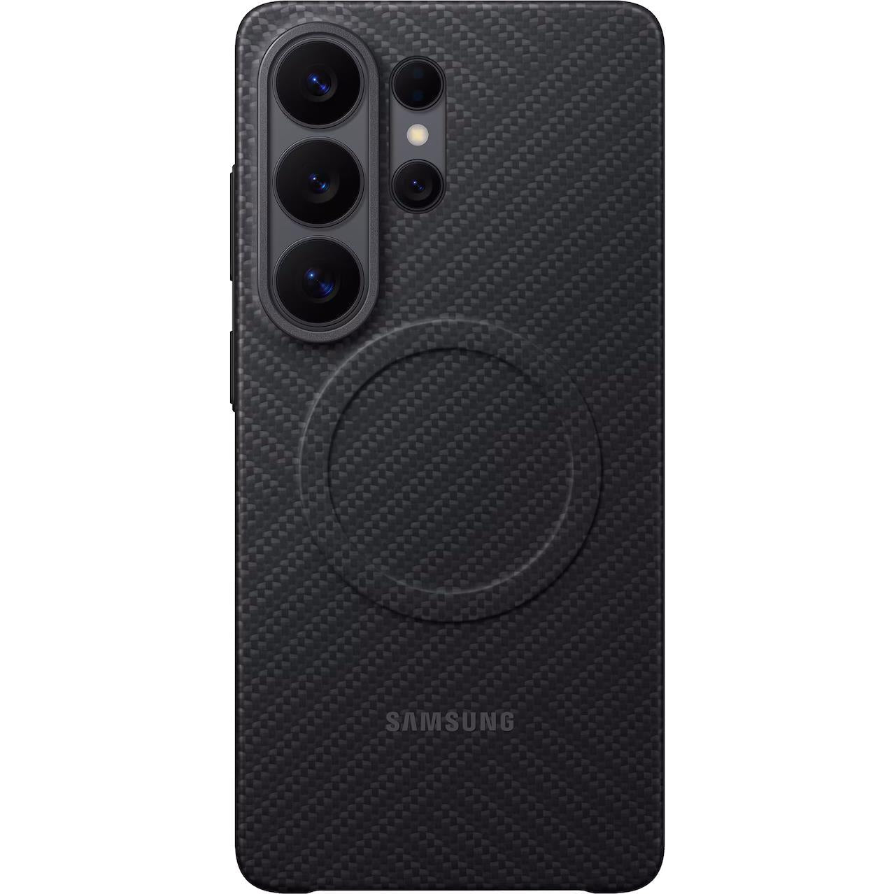Samsung carbon magnet phone case in black, carbon-fiber texture with circular magnet