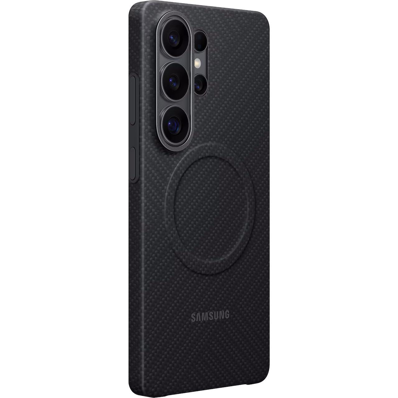 Black carbon magnet phone case with carbon-fiber texture, camera cutouts and ring
