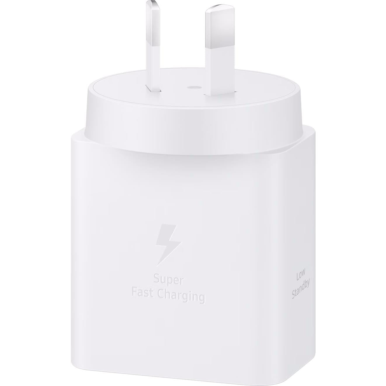 Samsung 45W USB-C fast charger adapter, white with Super Fast Charging logo