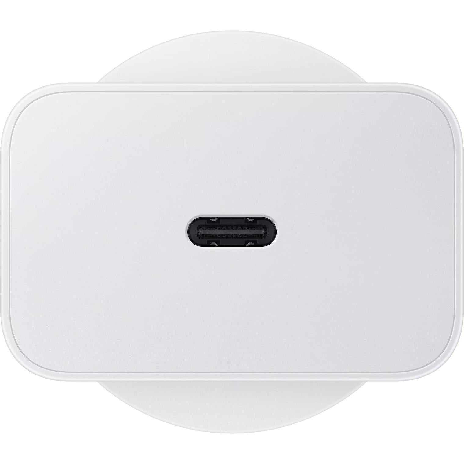 White USB-C wall charger with USB-C port centered on front panel