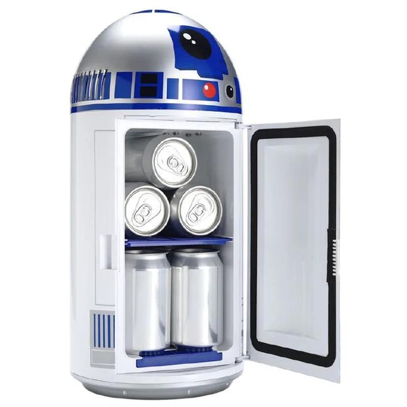 R2-D2 dome mini fridge with open door, showing three silver drink cans