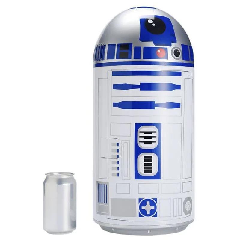 R2-D2 dome mini fridge with one silver can beside it, blue-and-white front