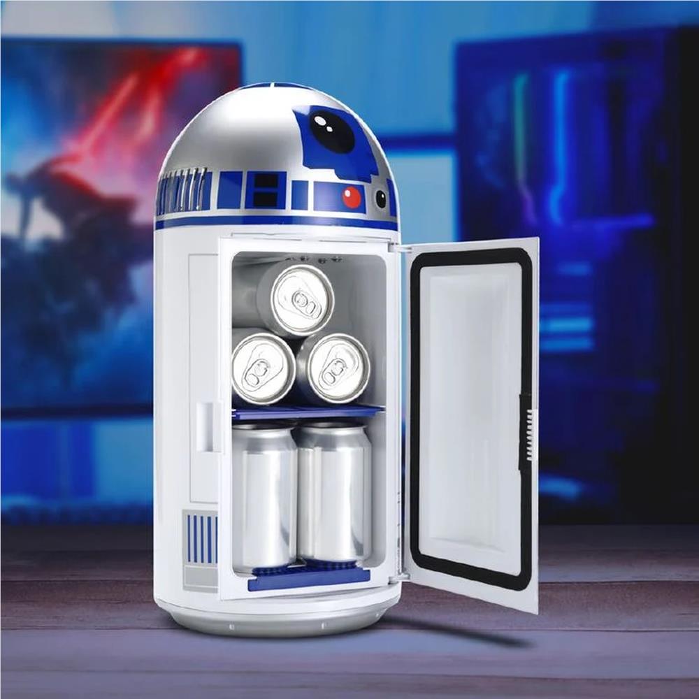 R2-D2 dome mini fridge with open door, interior shelves holding three silver cans