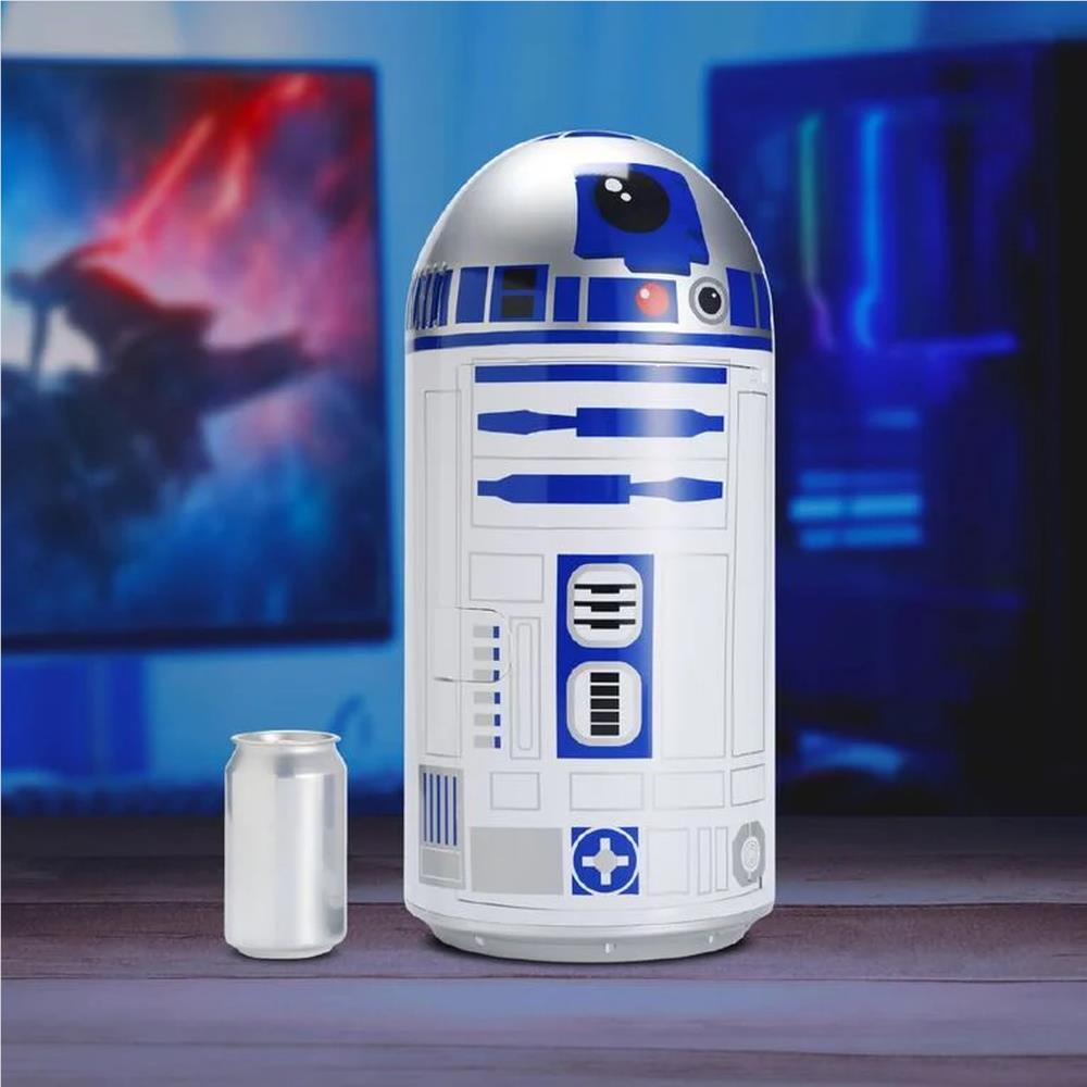 R2-D2 dome mini fridge with blue-and-white front, standing with one silver can