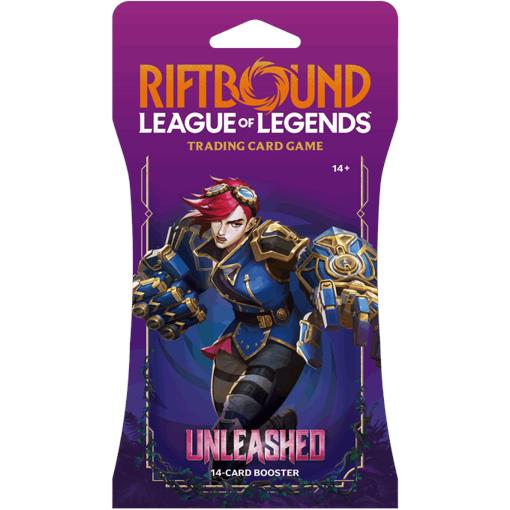 Riftbound Unleashed booster pack for trading card game, purple package with armored fighter art