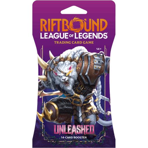 Riftbound Unleashed booster pack for trading card game, purple package with armored white wolf art