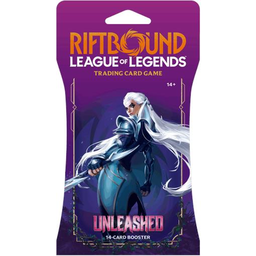 Riftbound Unleashed booster pack for trading card game, purple package with blue-haired hero art