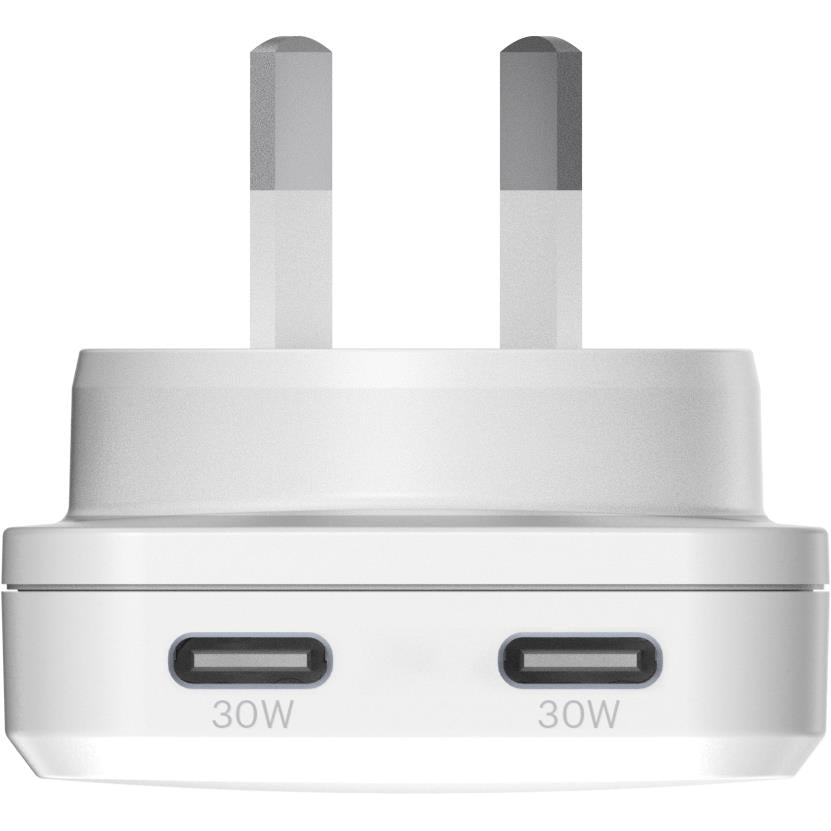 White dual USB-C wall charger showing two 30W ports