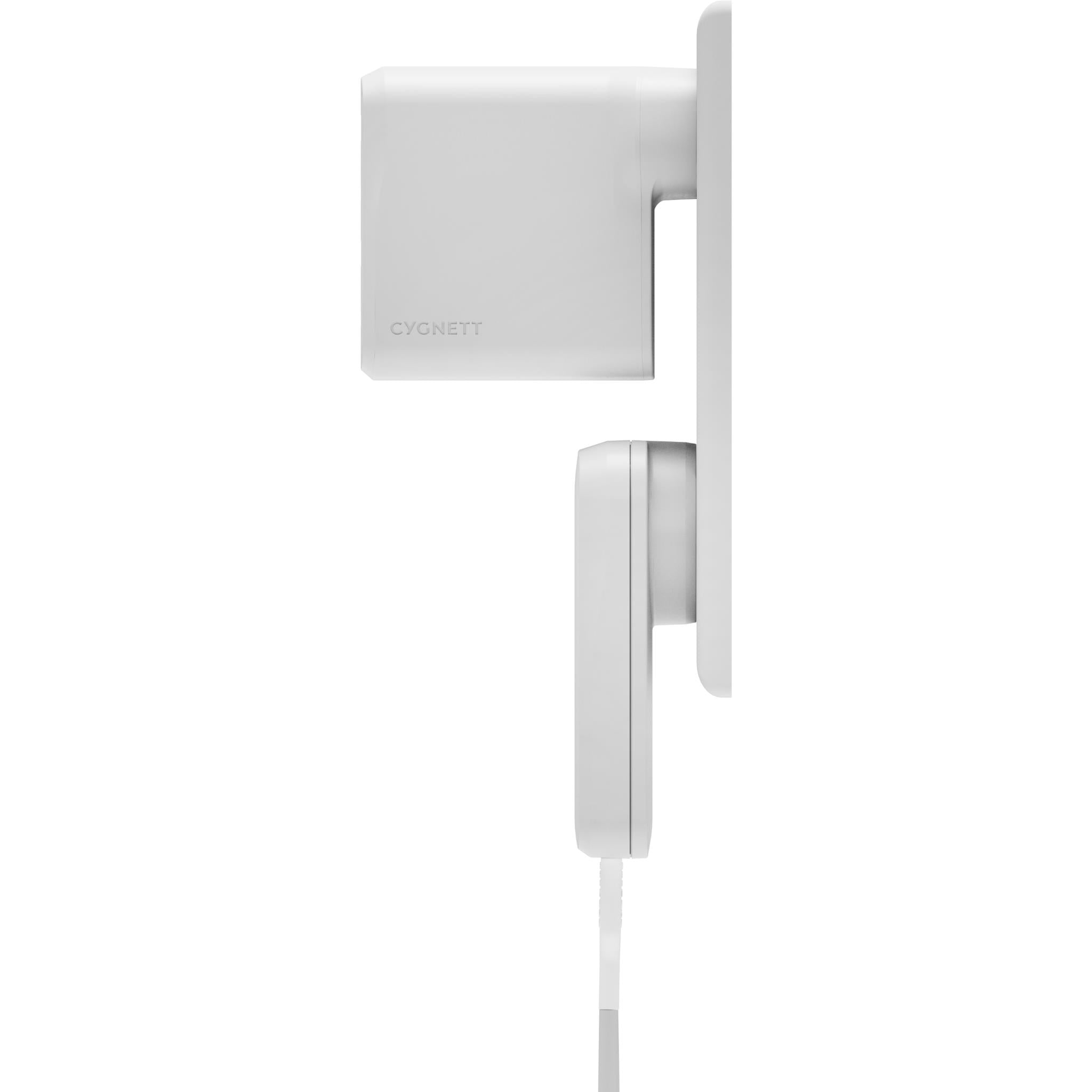 White slim wall charger shown from side with plug and cable connection