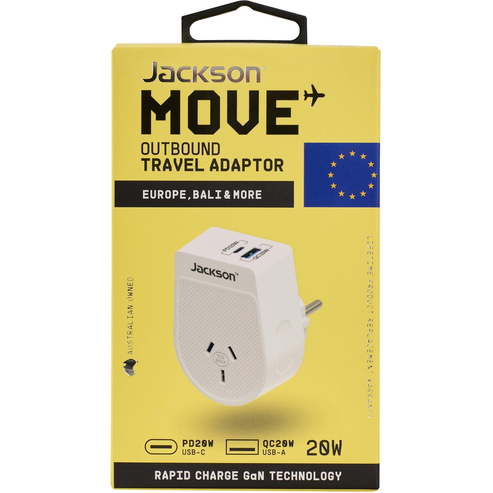 Jackson MOVE Rapid Charge PD20W USB-C/A Outbound Travel Adaptor for Europe, Bali & More