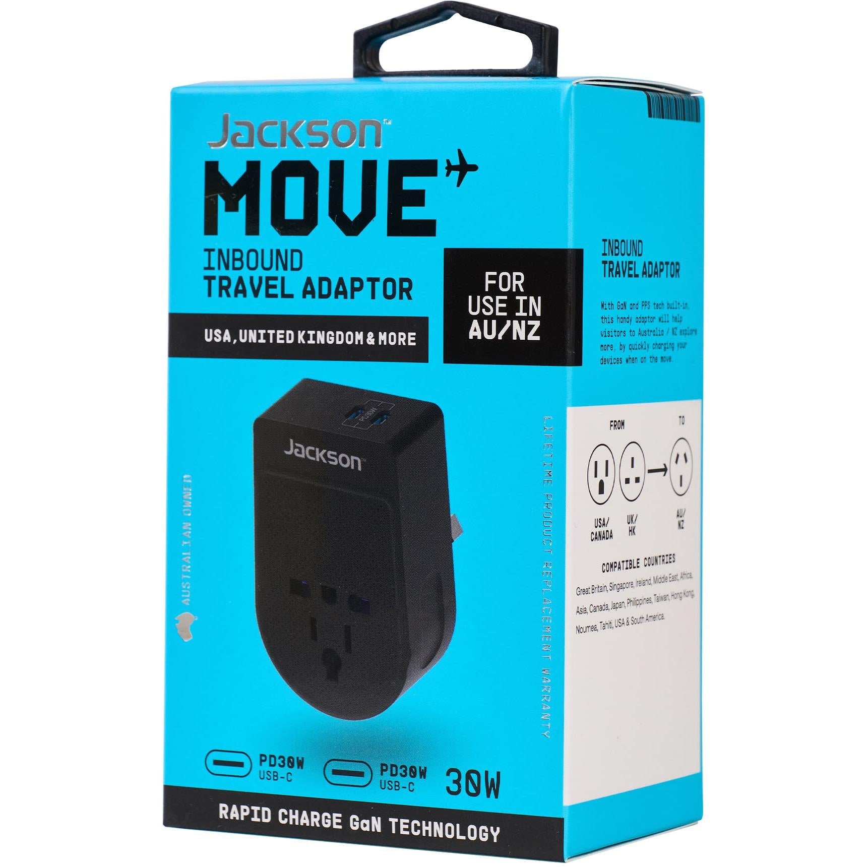 Jackson MOVE Rapid Charge PD30W USB-C Inbound Travel Adaptor for USA, UK & More