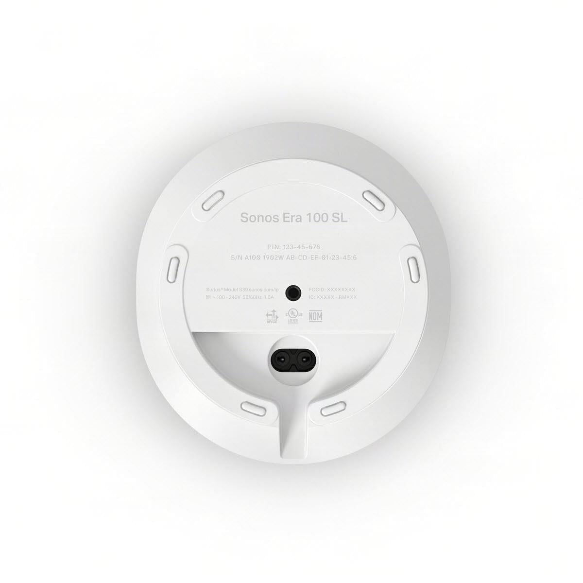 White Sonos Era 100 SL speaker bottom with ports and label details