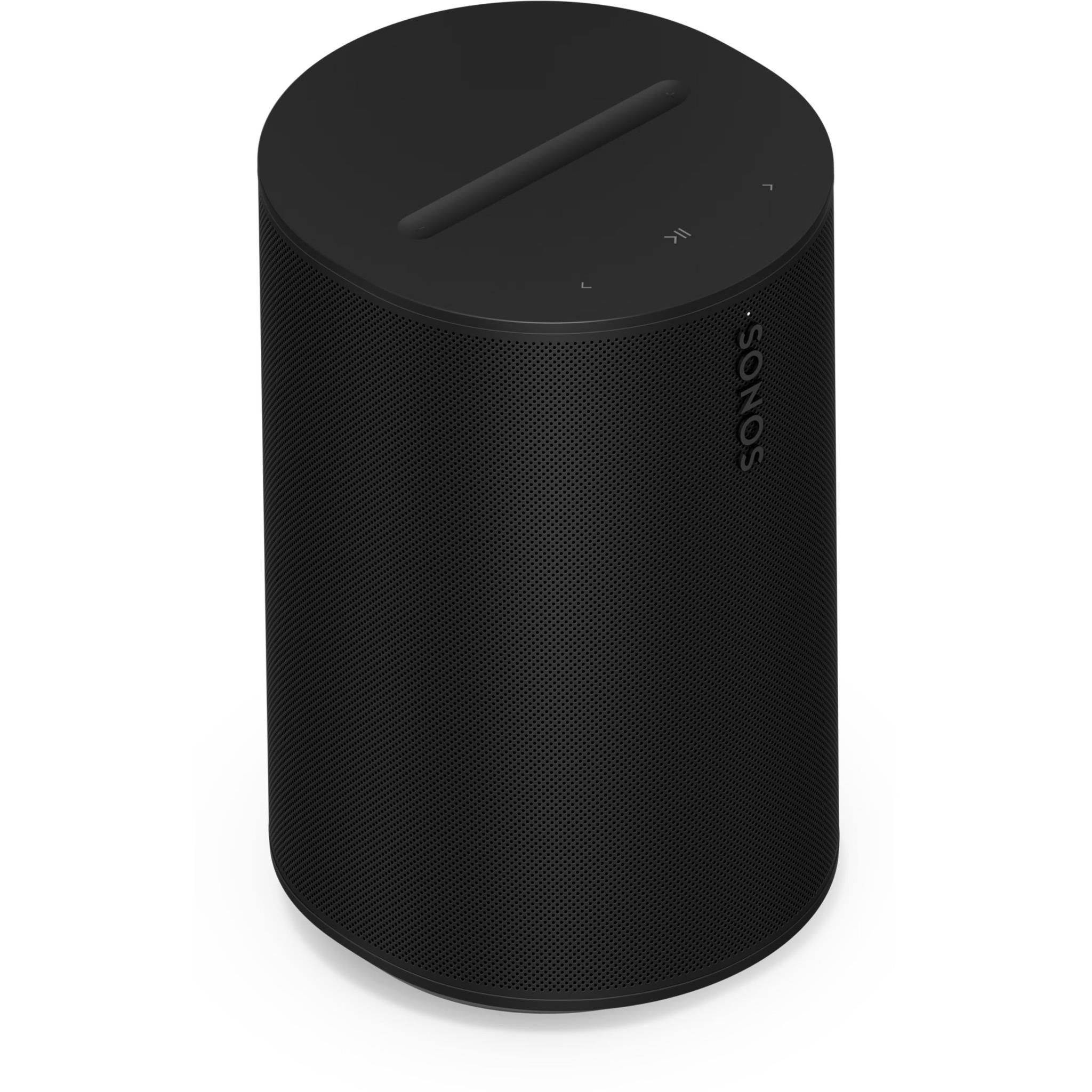 Black Sonos smart home speaker with top panel controls on a cylinder body