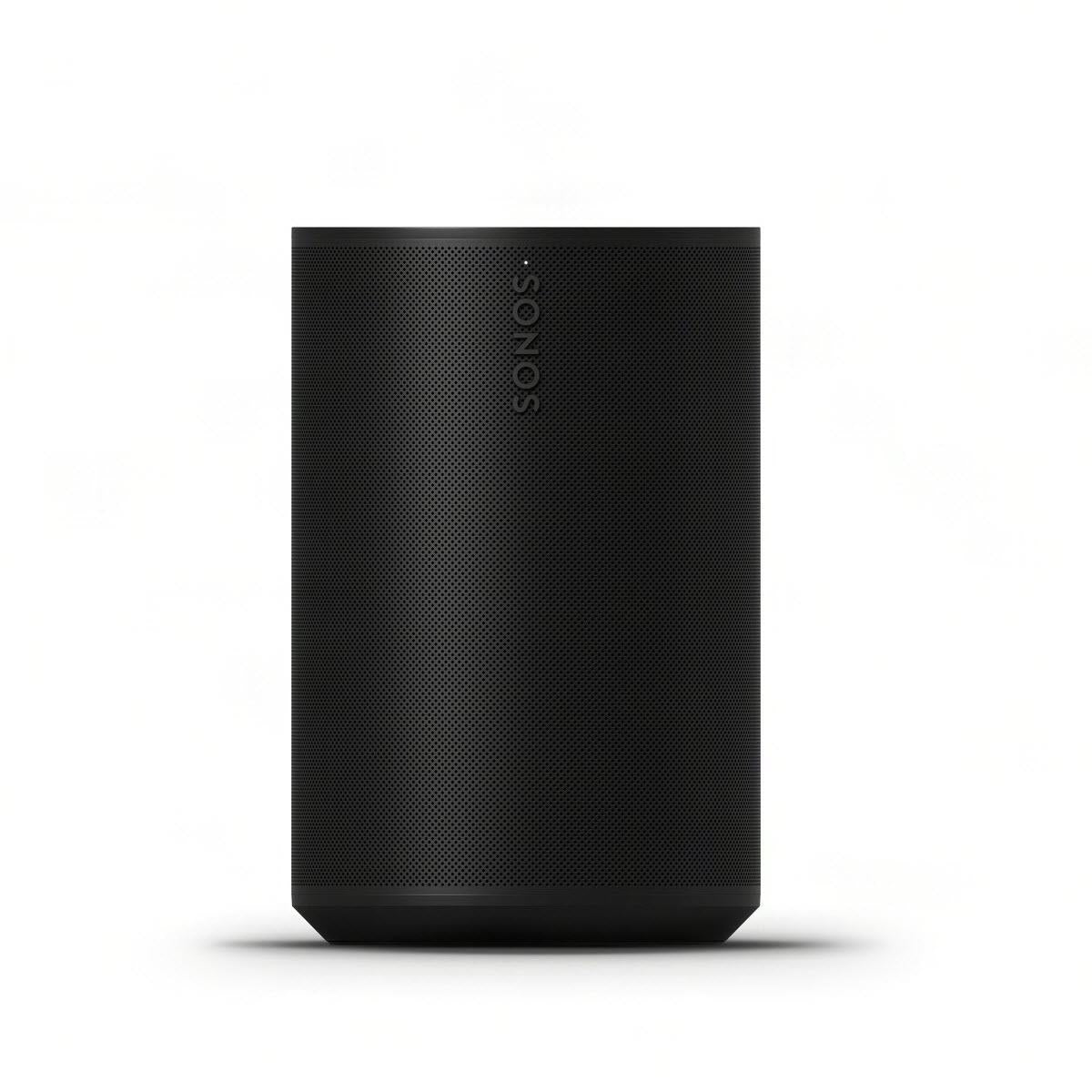 Black Sonos smart home speaker rear view with centered Sonos logo on mesh