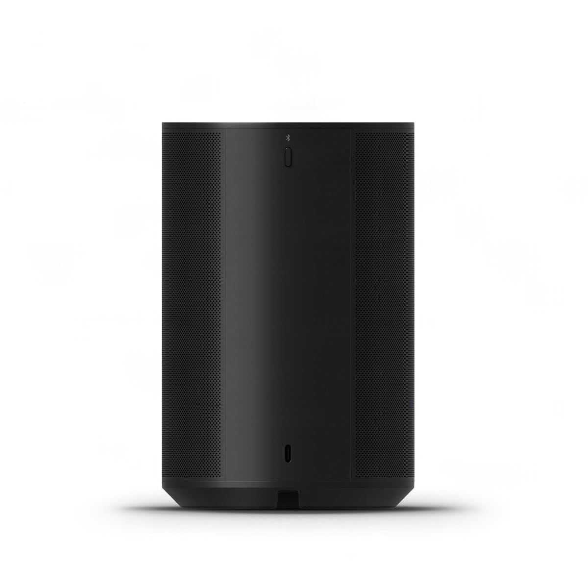 Black Sonos smart home speaker back view with visible port openings and grille