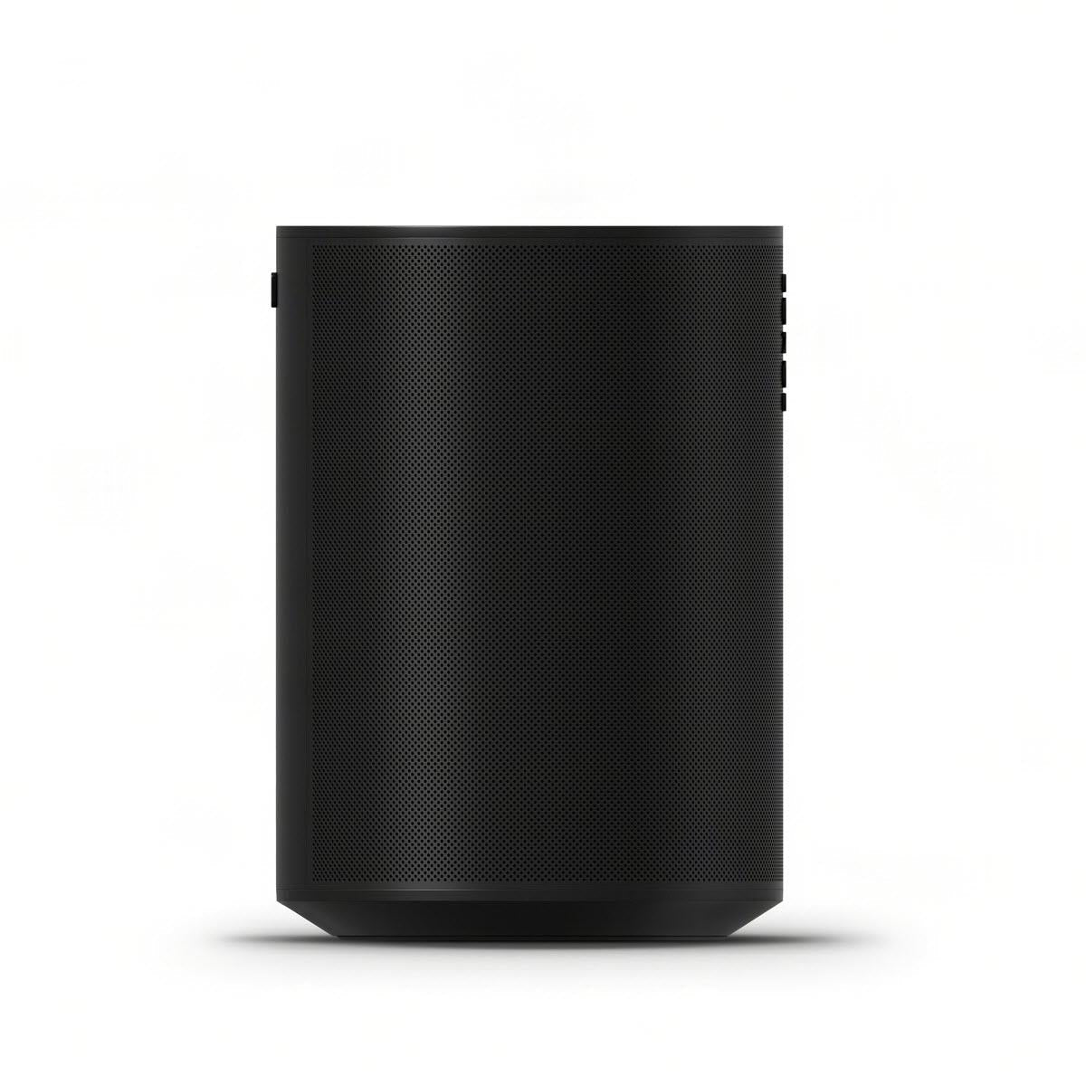 Black Sonos smart home speaker three-quarter view with textured perforated grille
