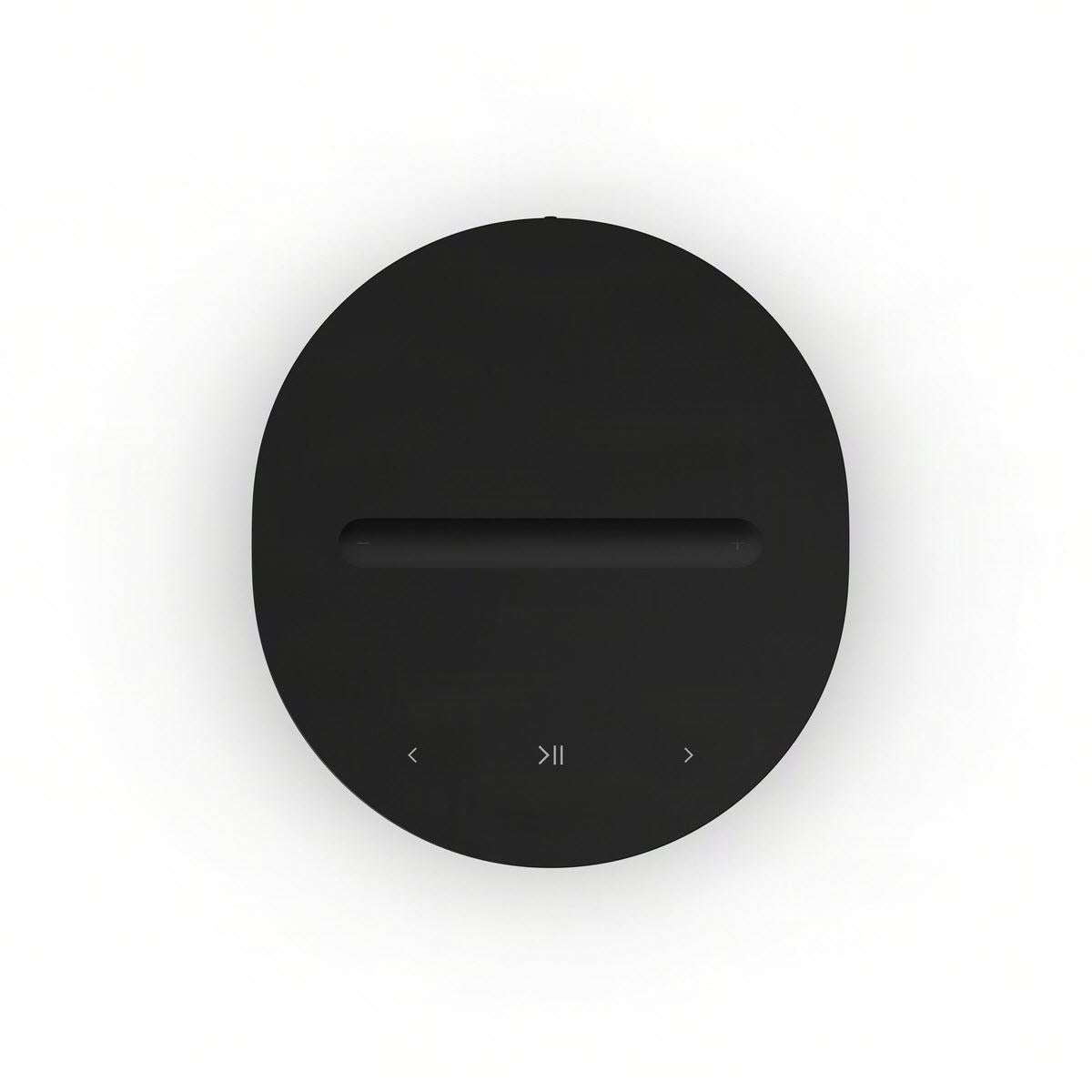 Top of black Sonos smart home speaker with playback controls and status icons