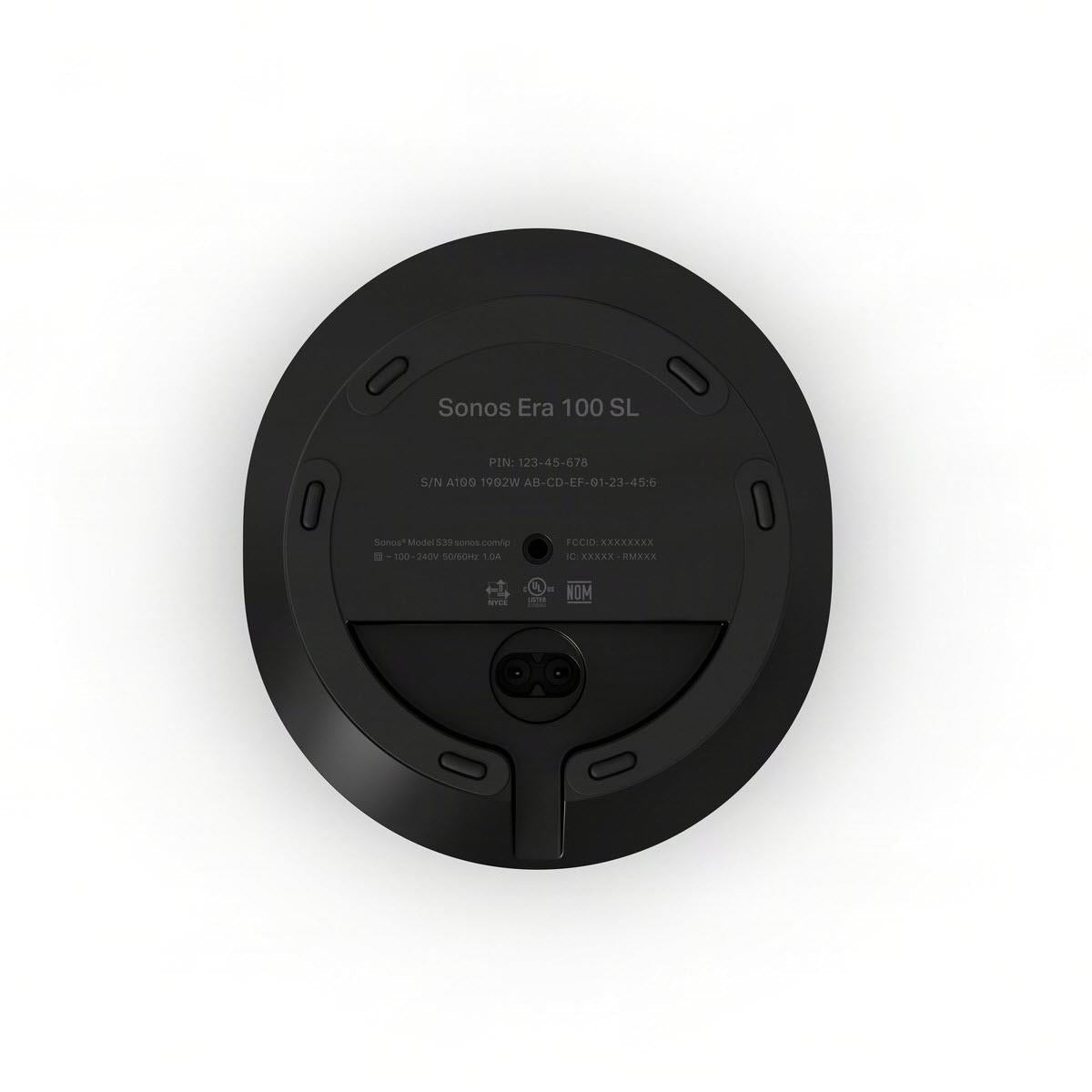 Bottom of black Sonos smart home speaker with stand area and labeled panel