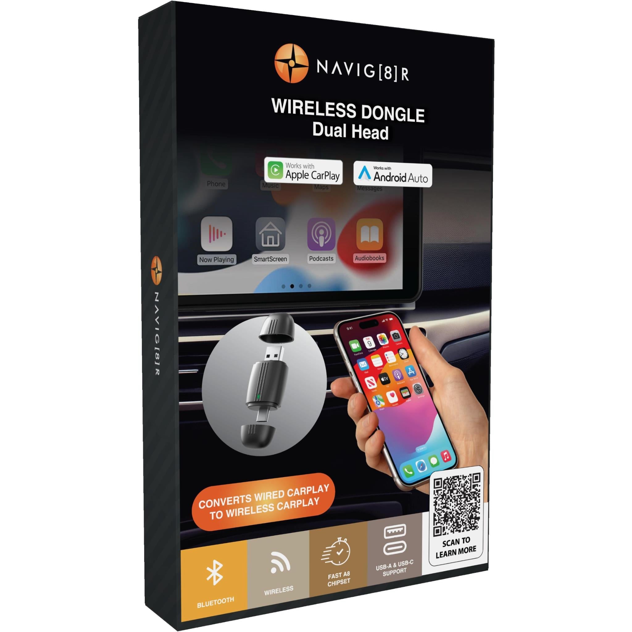 Navig8r Wireless Dongle for CarPlay with USB-A and USB-C