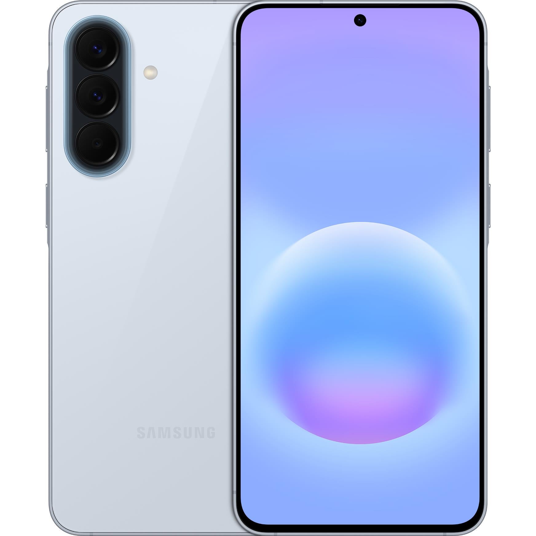 Samsung Galaxy A57 5G phone in icy blue, front and back view, triple rear cameras