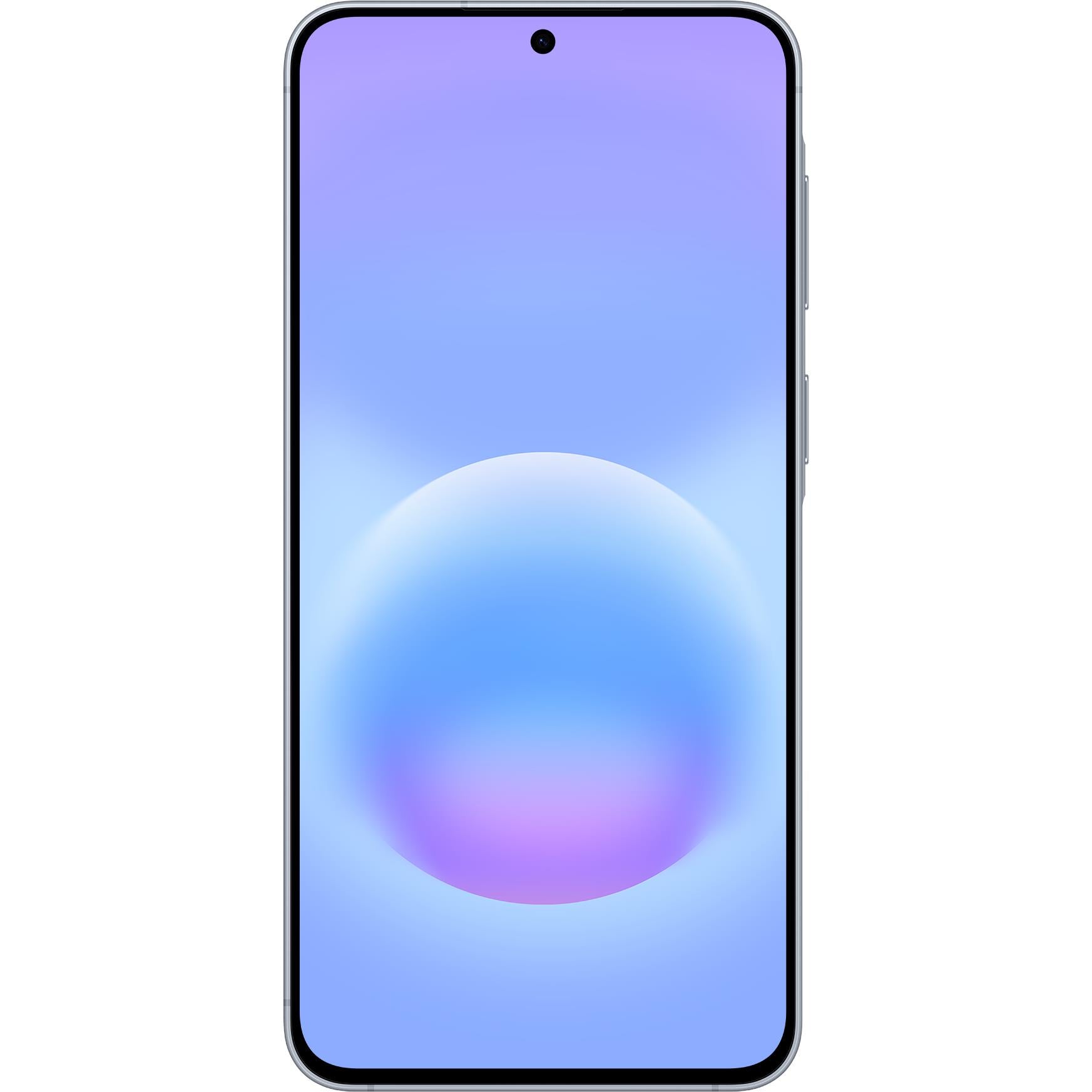 Samsung Galaxy A57 5G phone in icy blue, front view with blue gradient wallpaper