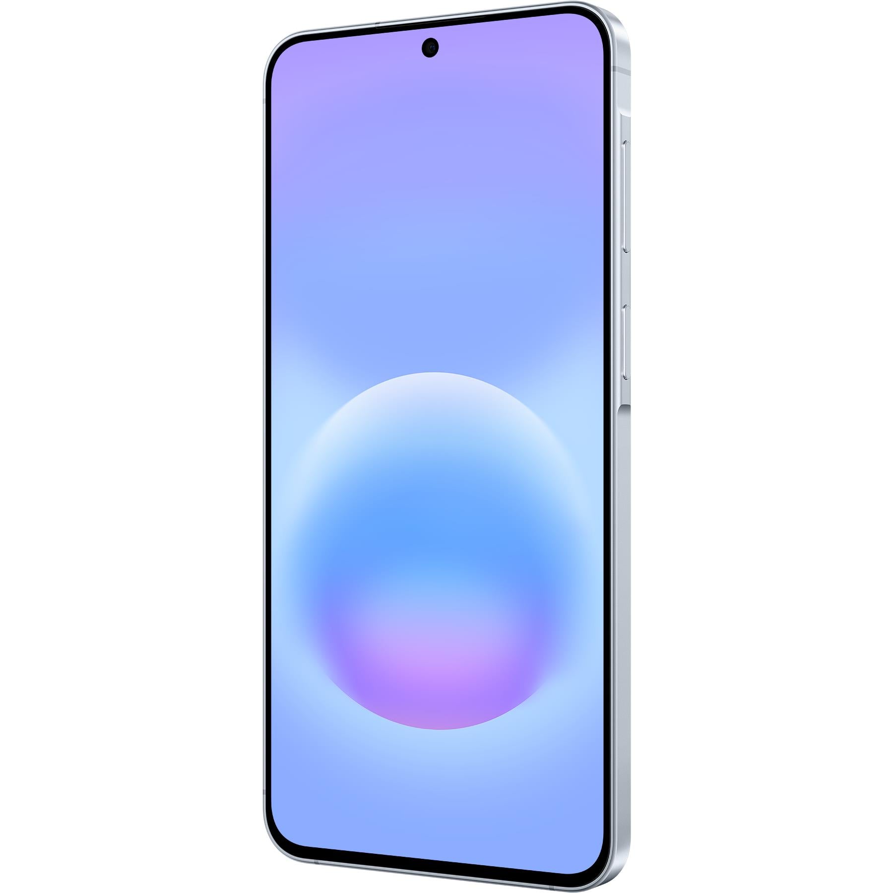 Samsung Galaxy A57 5G phone in icy blue, front view with visible side edge