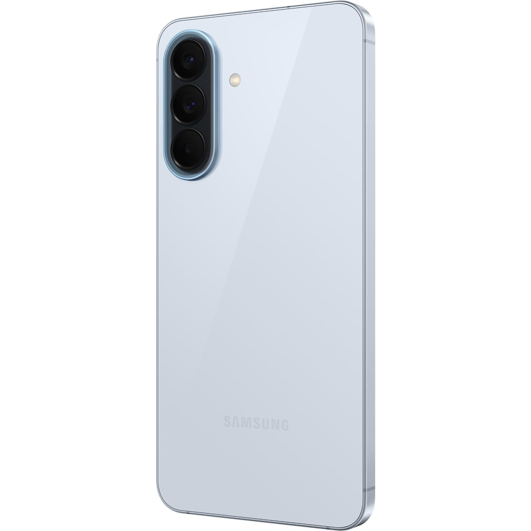 Samsung Galaxy A57 5G phone in icy blue, back view with triple rear cameras