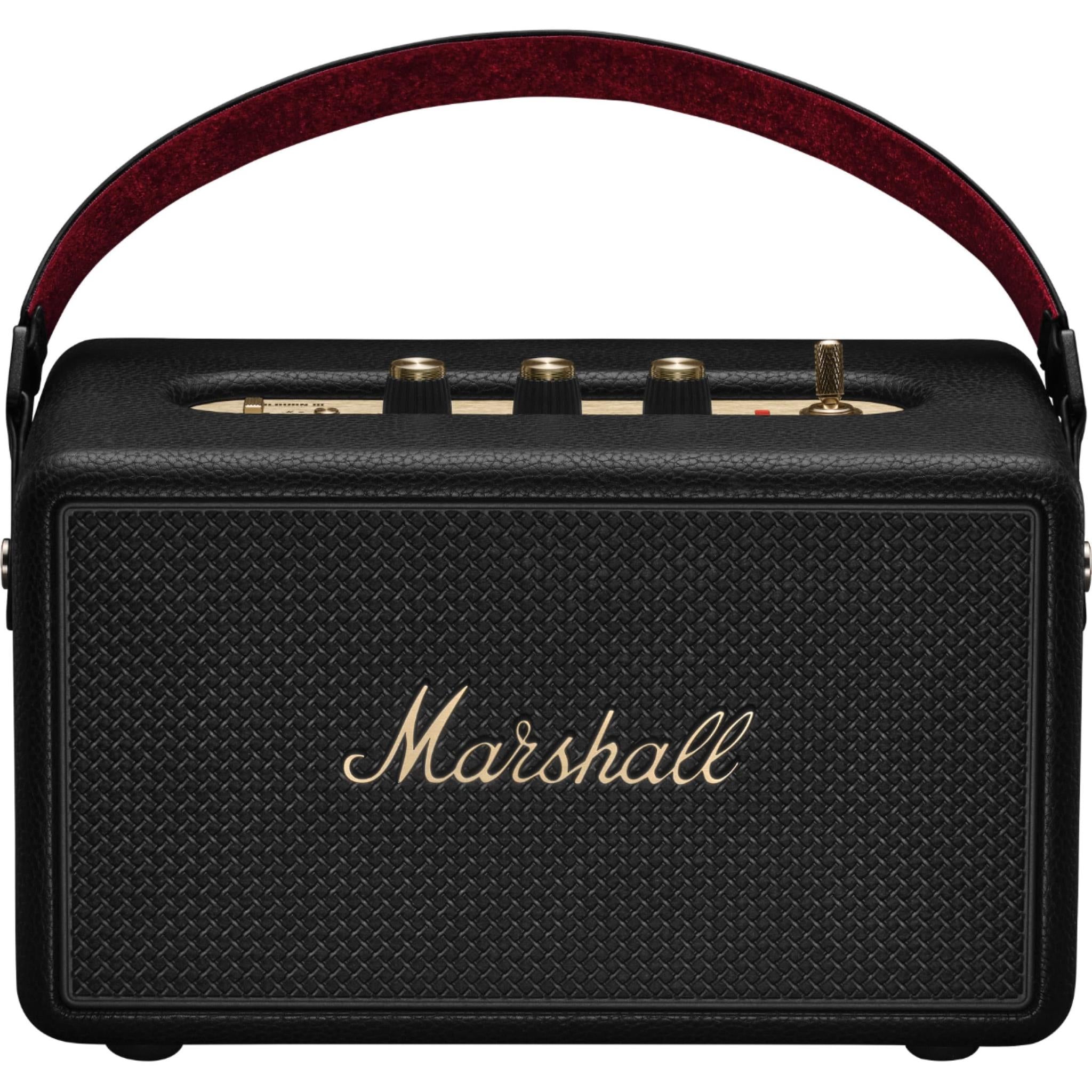 Black Marshall portable Bluetooth speaker with brass top controls and handle