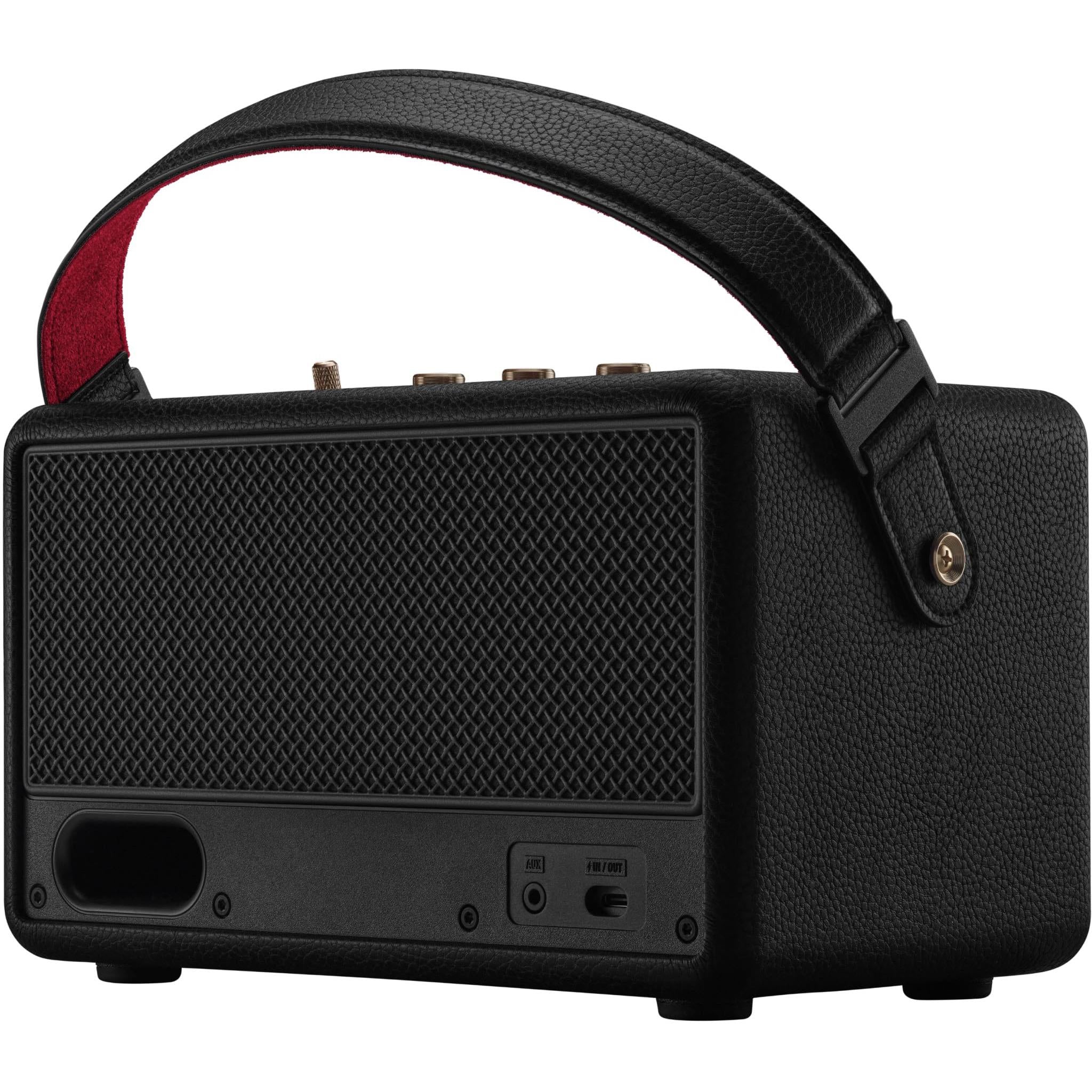 Black Marshall portable speaker rear panel with ports and rear control buttons