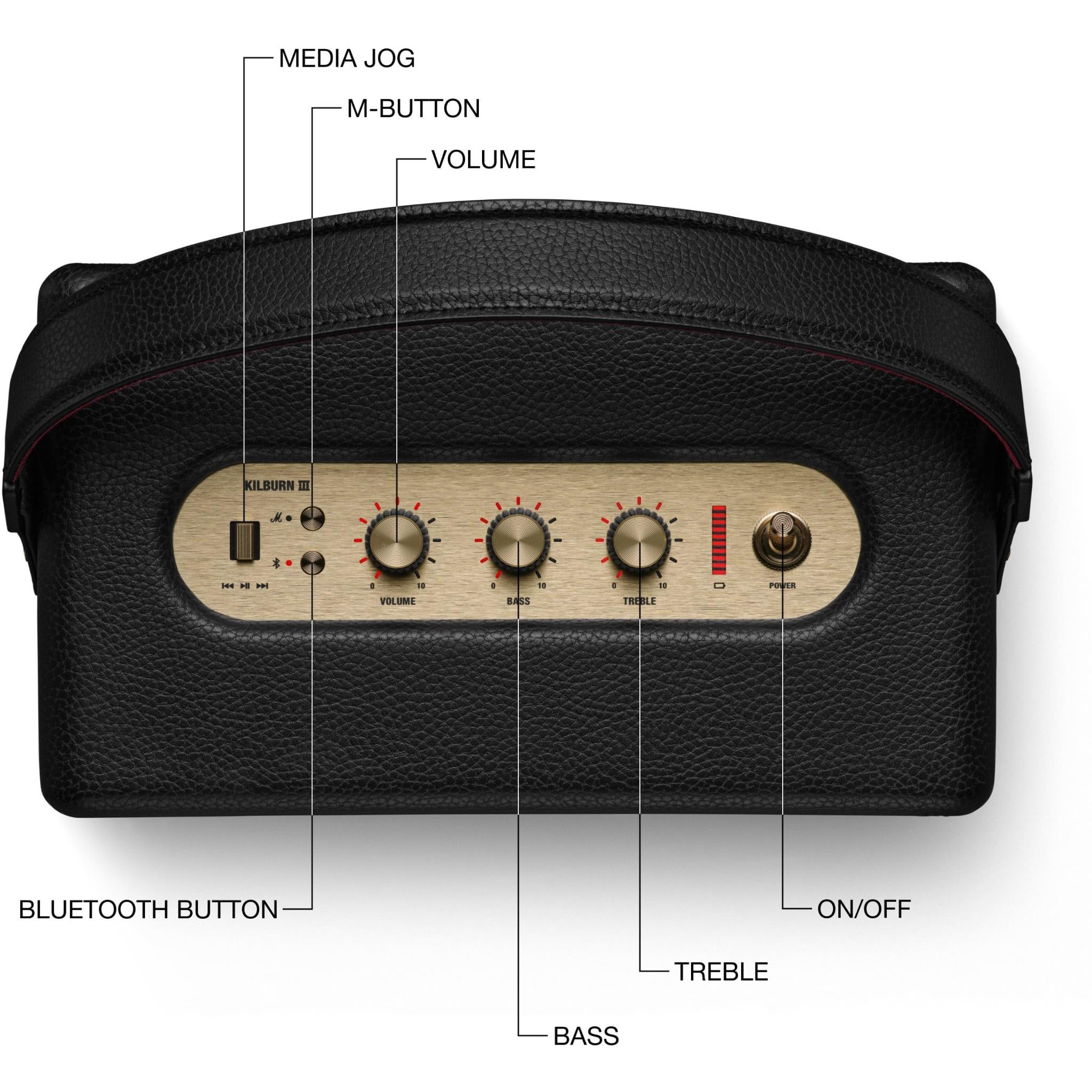 Black Marshall portable speaker top control panel with volume and tone knobs