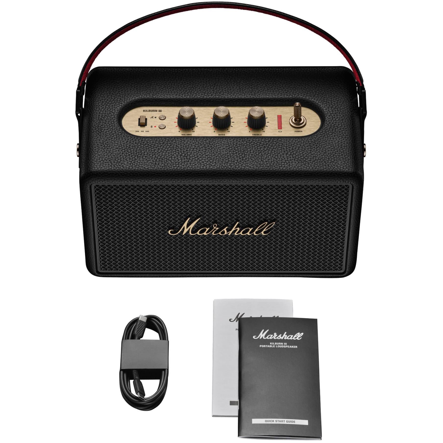 Black Marshall portable Bluetooth speaker with brass control strip and included cable