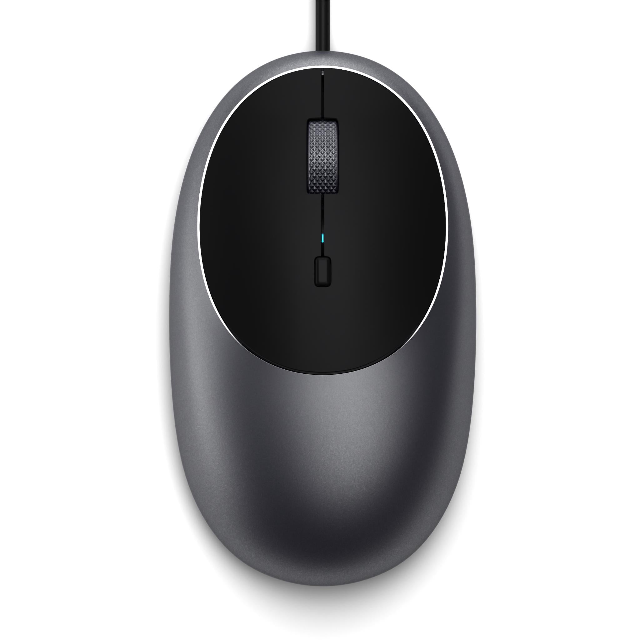 Space grey wired optical mouse with textured scroll wheel and cable