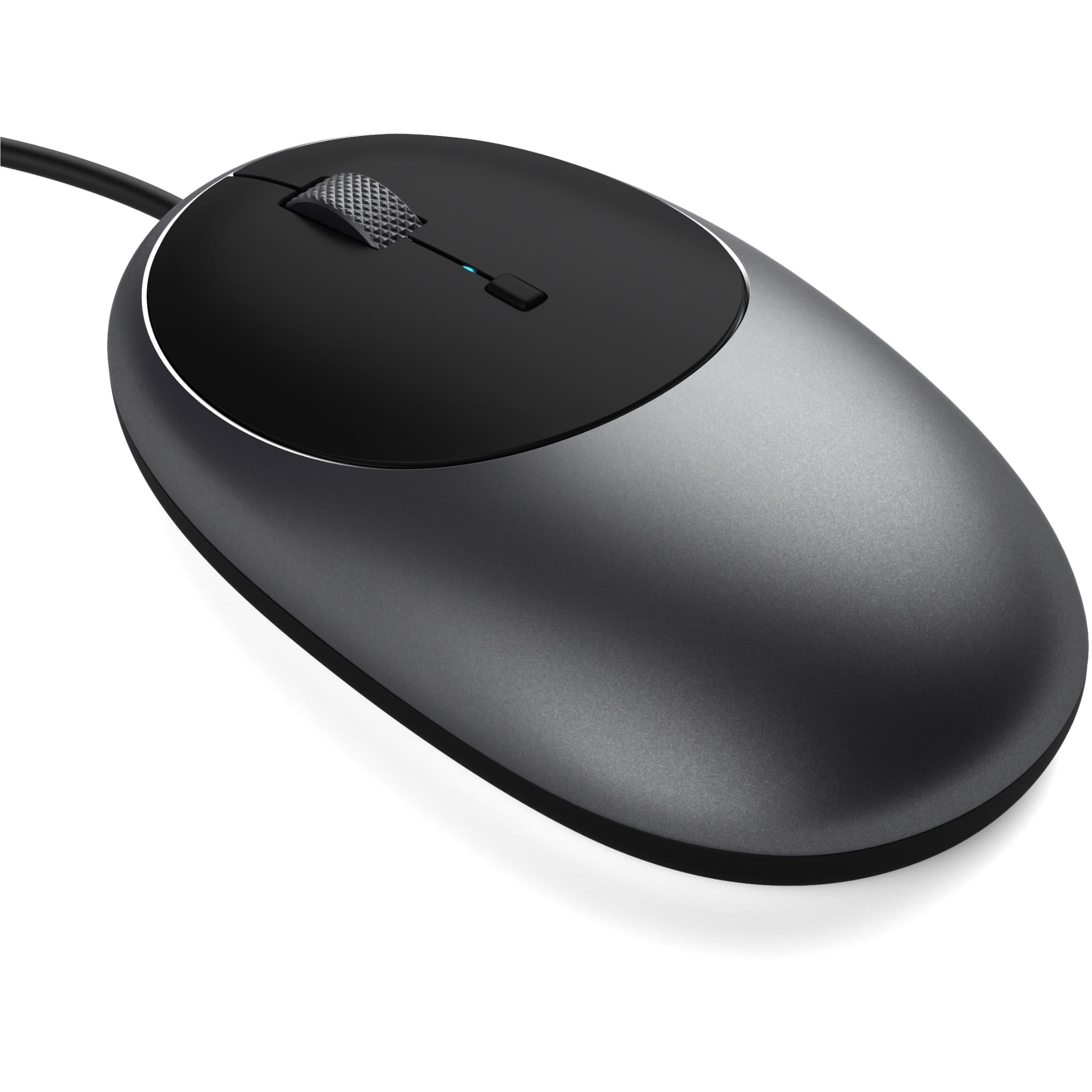 Space grey wired optical mouse, angled top view with side button