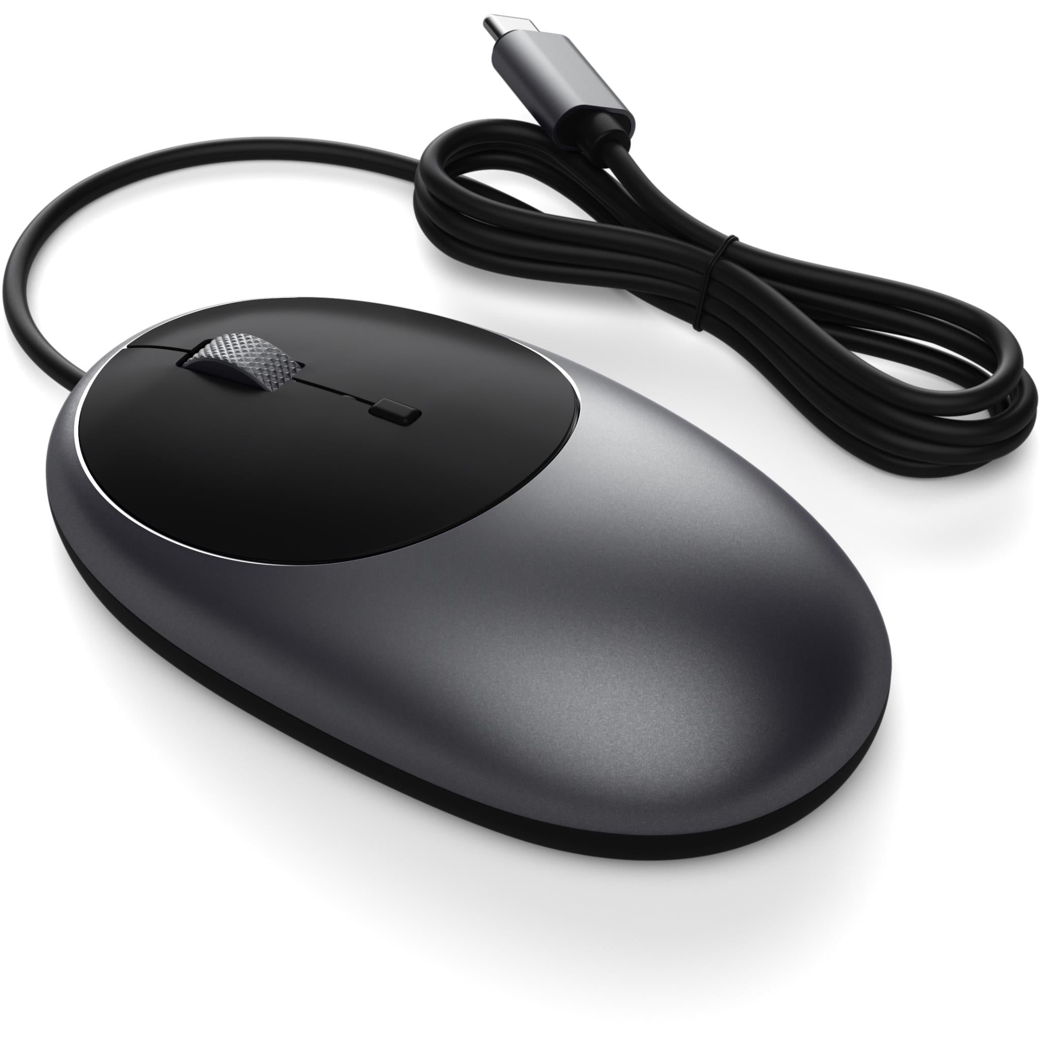 Space grey wired optical mouse with USB-C cable coiled