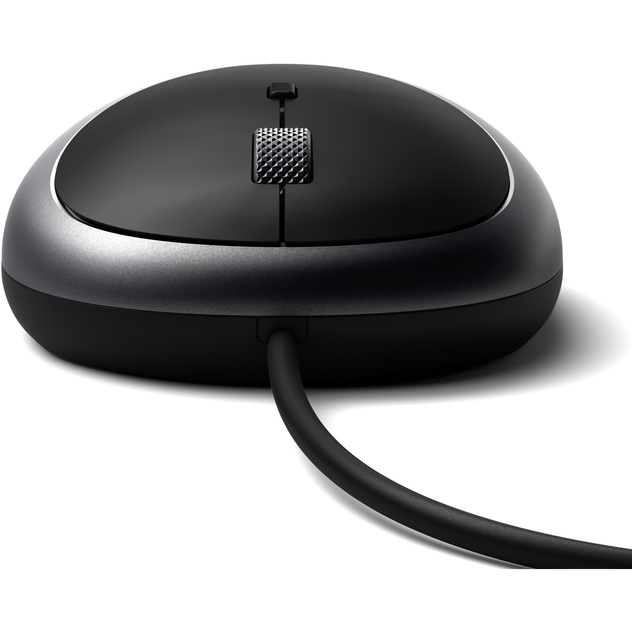 Space grey wired optical mouse, top view with textured scroll wheel