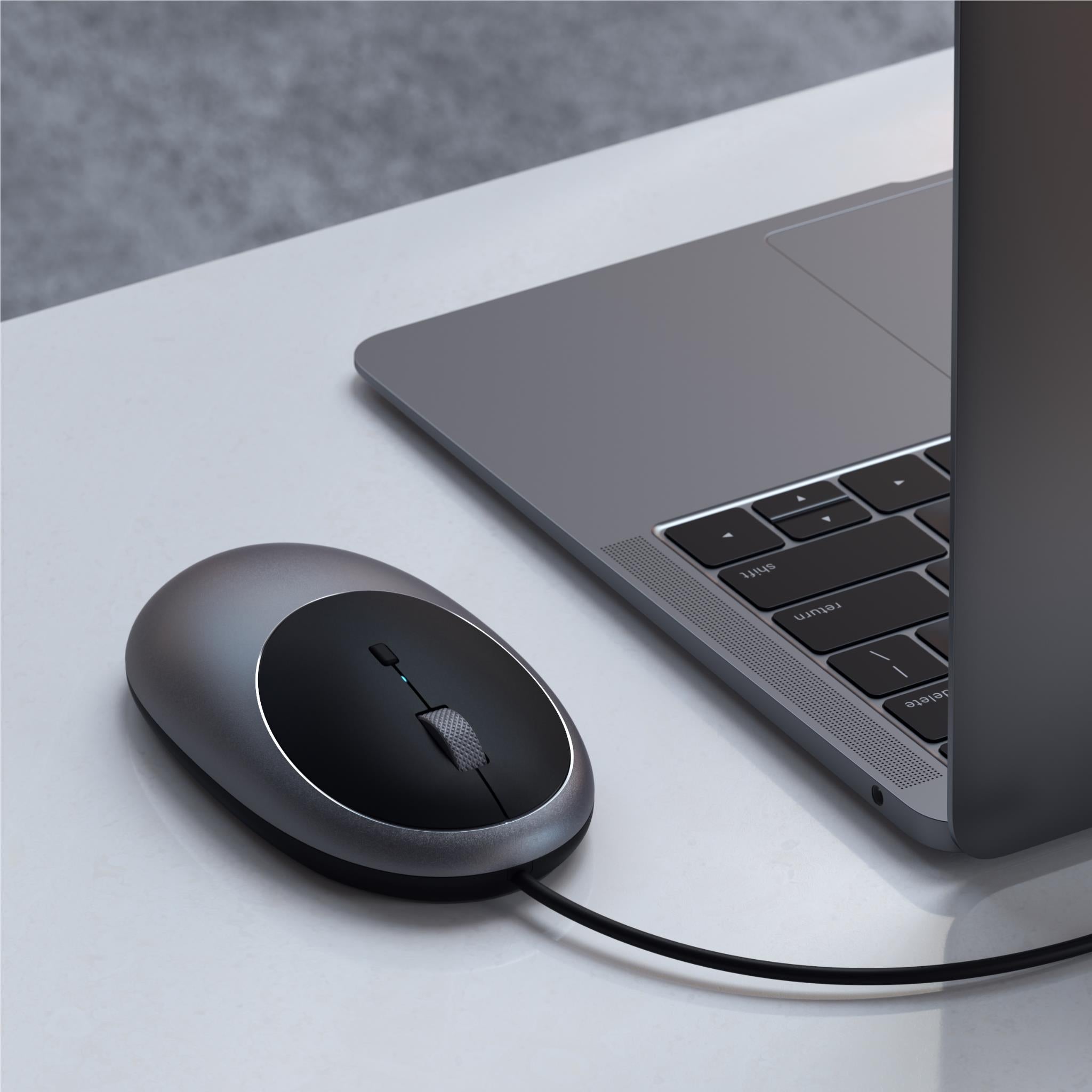 Space grey wired optical mouse with attached cable