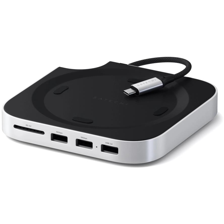Silver Mac mini stand hub with black top and multiple front ports