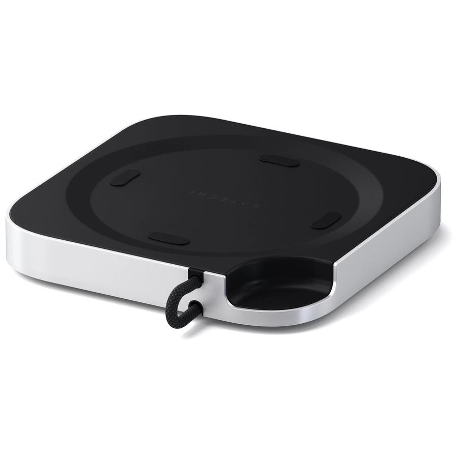 Silver Mac mini stand hub with black top plate and front USB ports