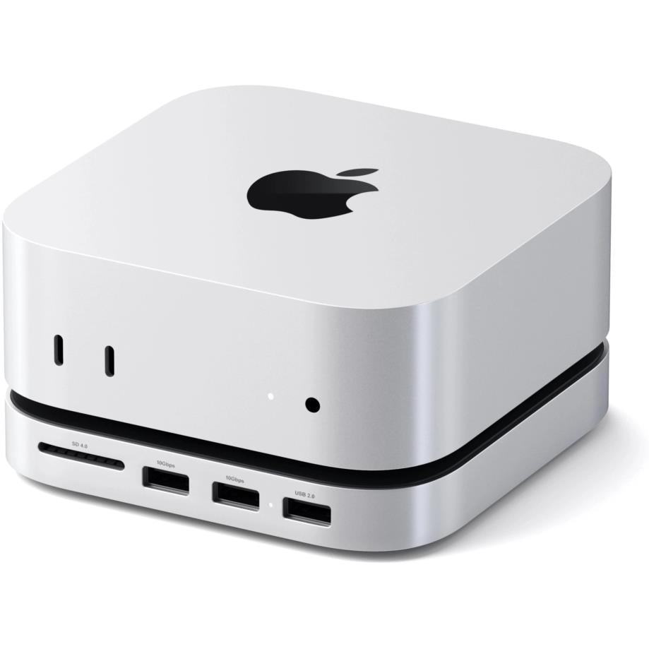 Silver Mac mini stand hub with Apple logo and front I/O port row