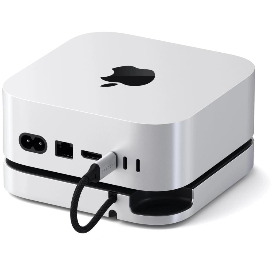 Silver Mac mini stand hub with black side plate and front ports with cable