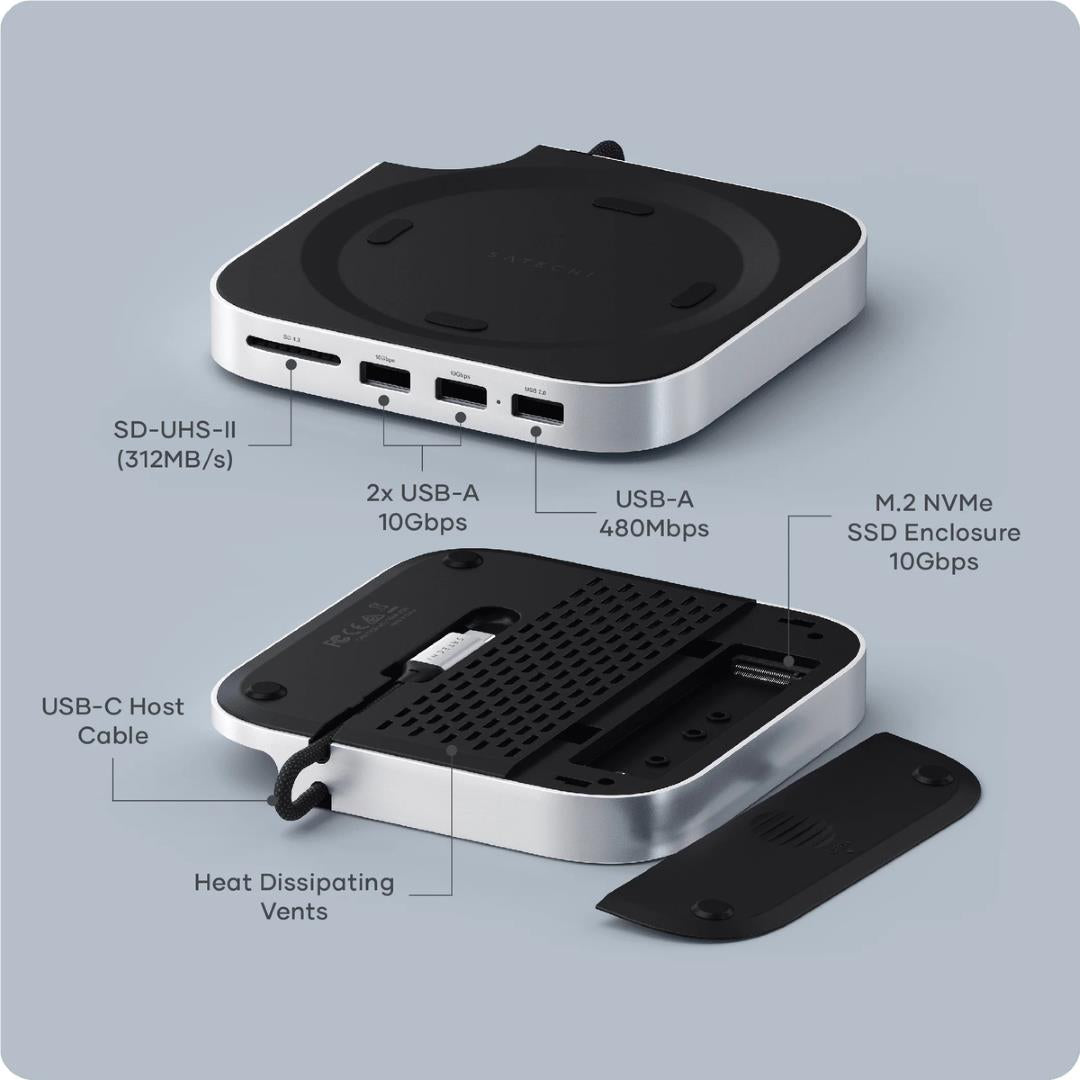 Silver Mac mini stand hub with black base plate and underside heat vents