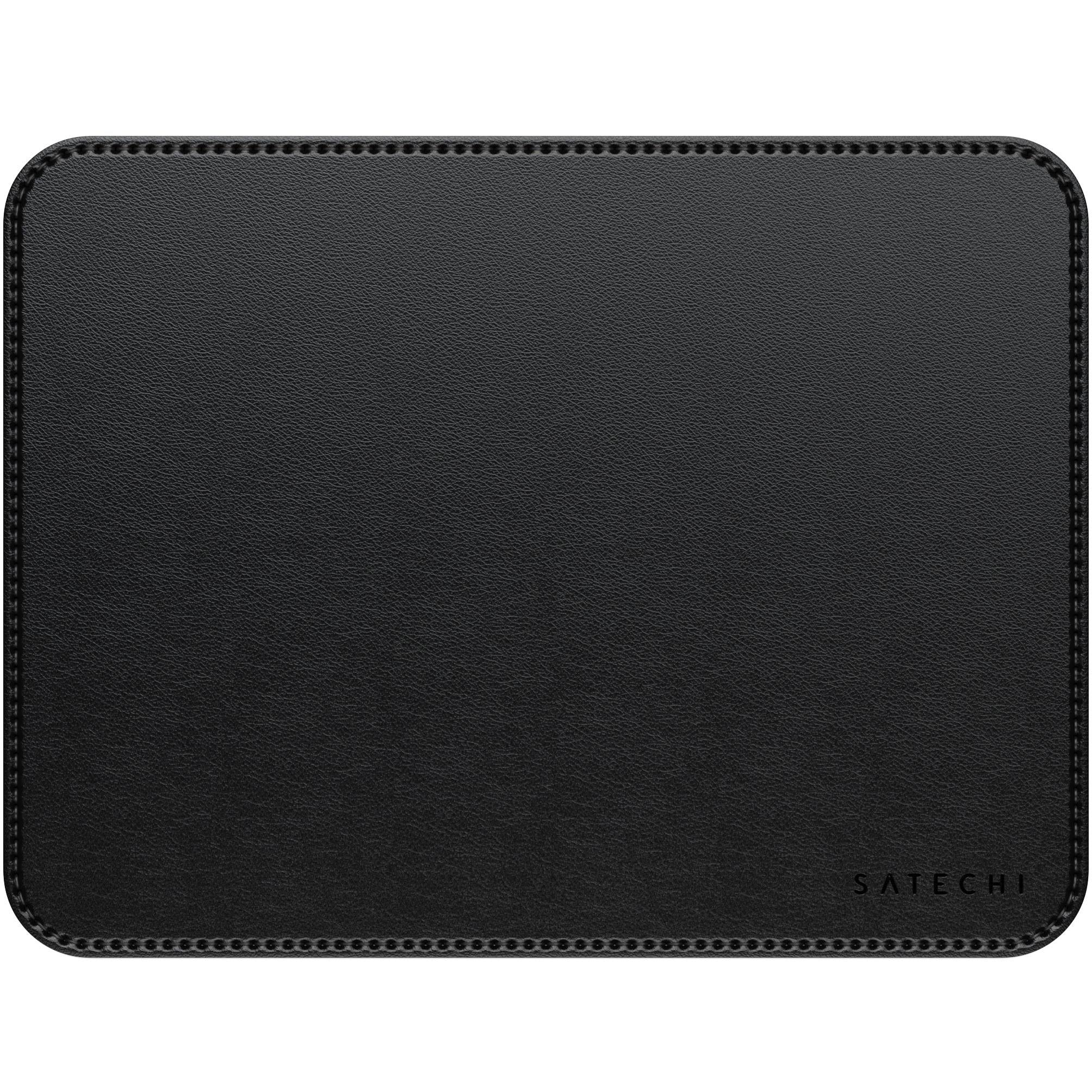 Black vegan leather mouse pad with stitched border and embossed edge texture