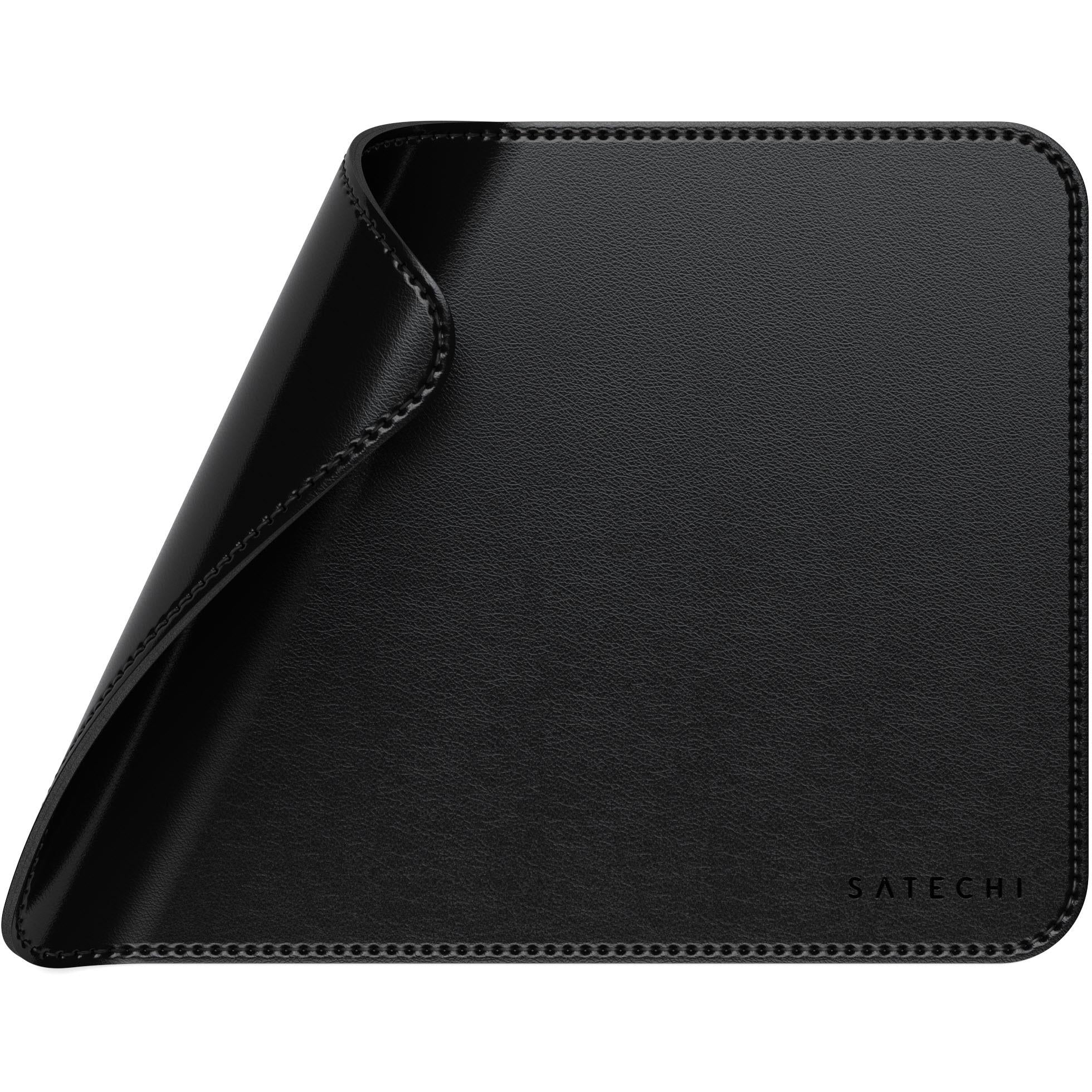 Black vegan leather mouse pad, rolled edge view, stitched seams and Satechi logo