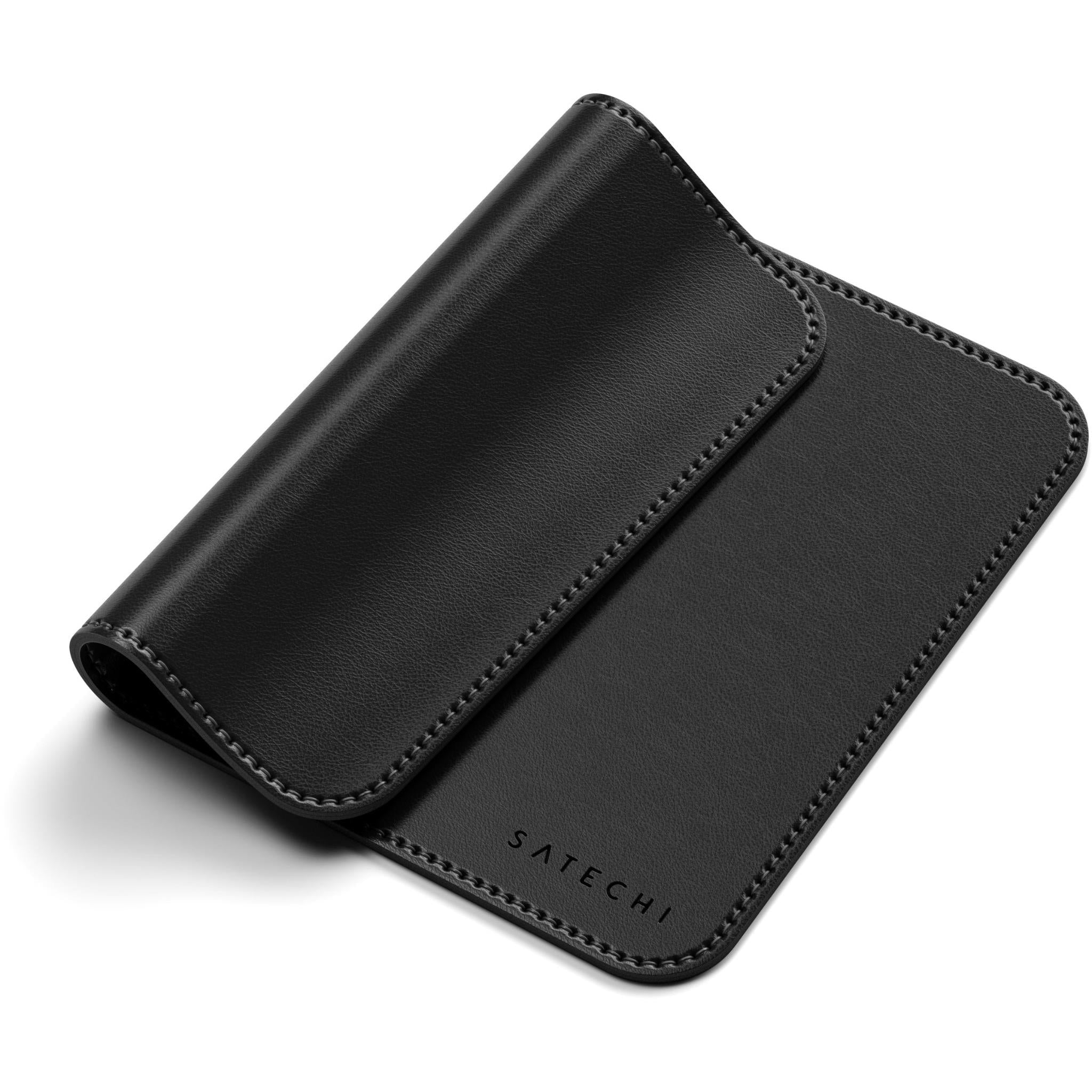 Black vegan leather mouse pad with rounded corners, stitched edge, subtle logo