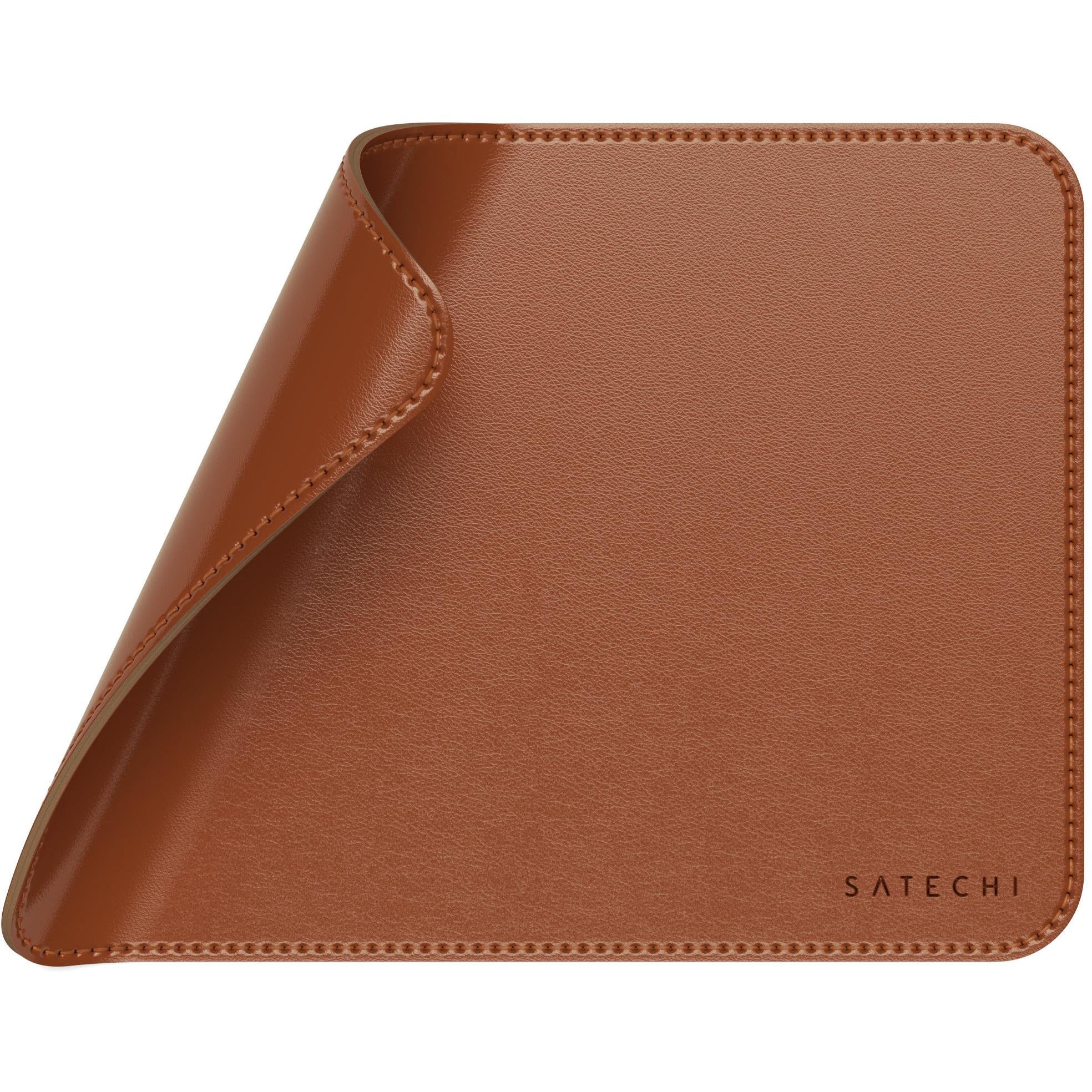 Brown vegan leather mouse pad with curved rolled edge and stitched border