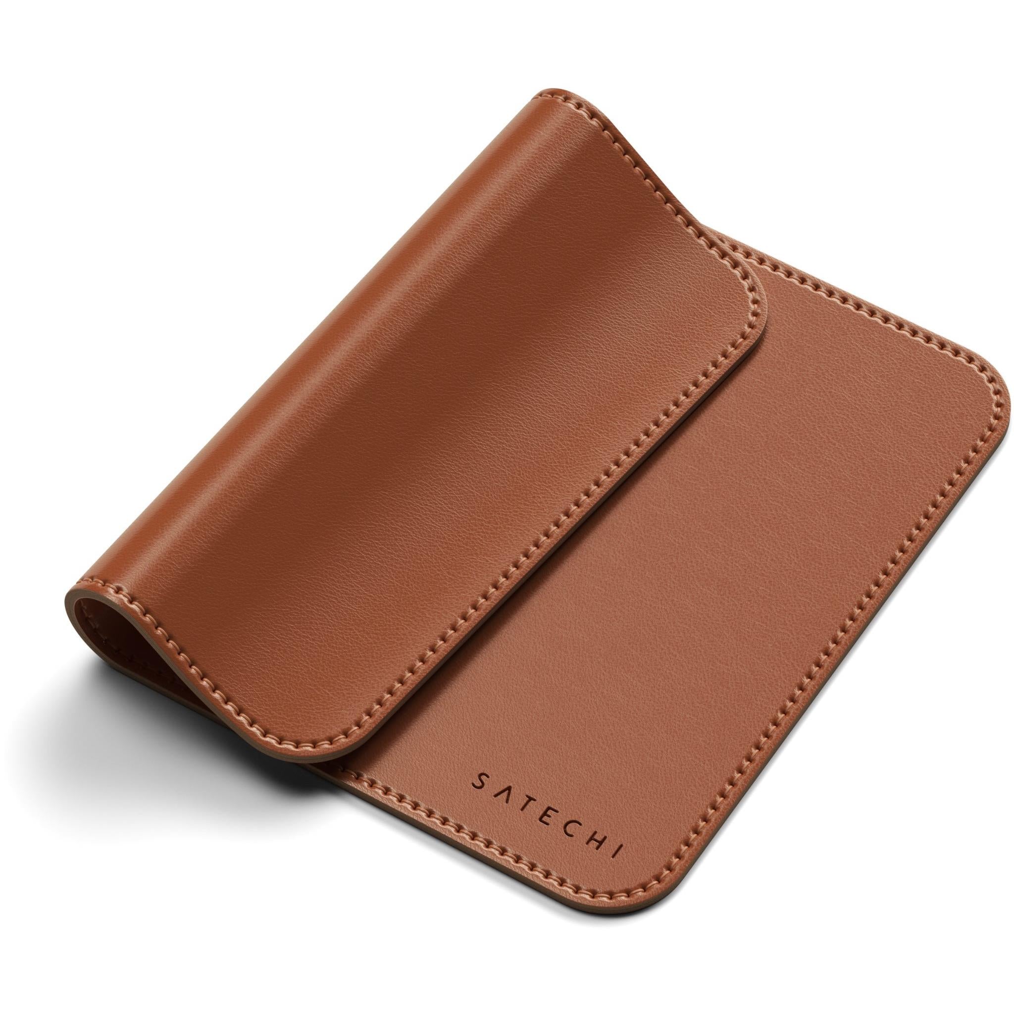 Brown vegan leather mouse pad angled view with stitched trim
