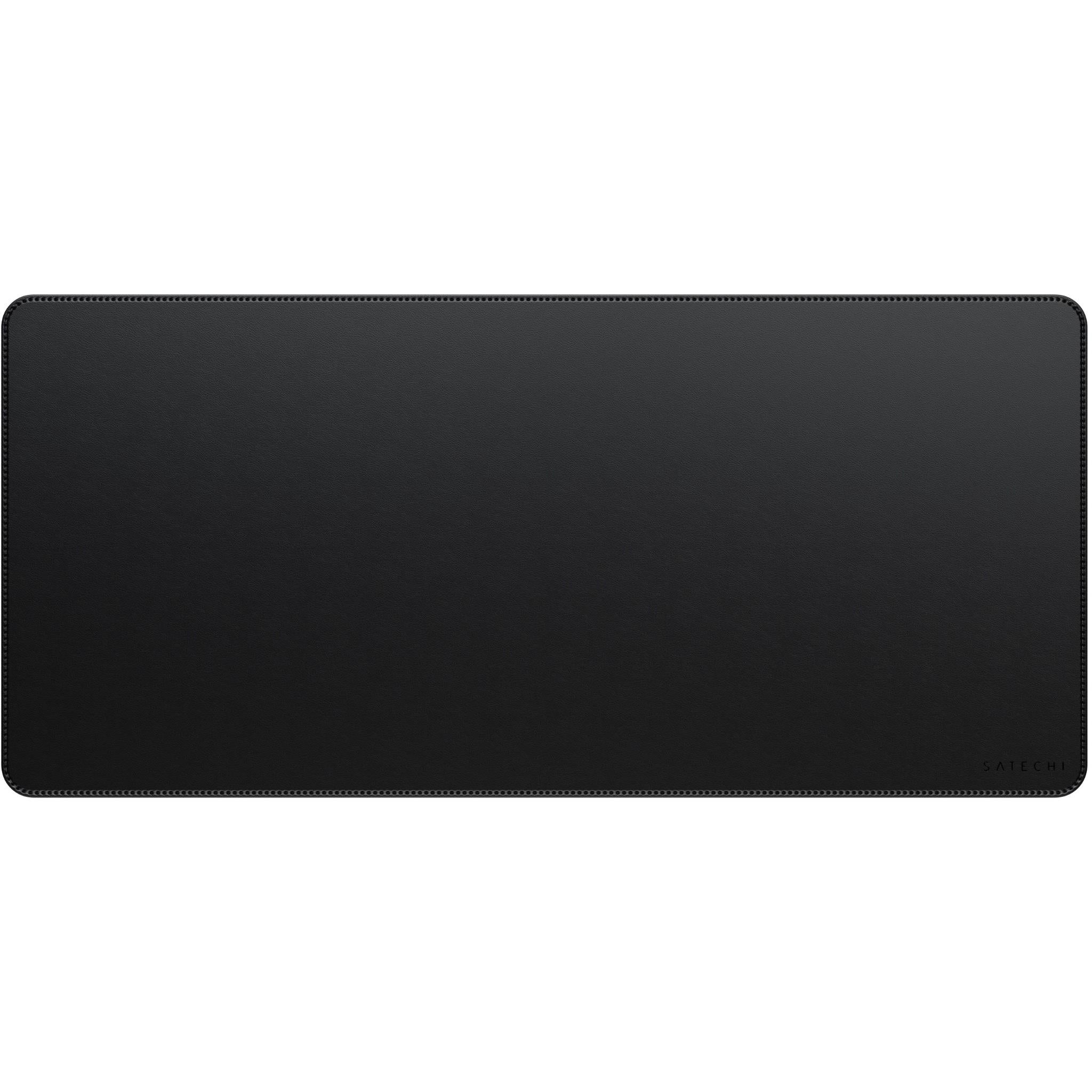 Black vegan leather desk mat with stitched border and rounded corners
