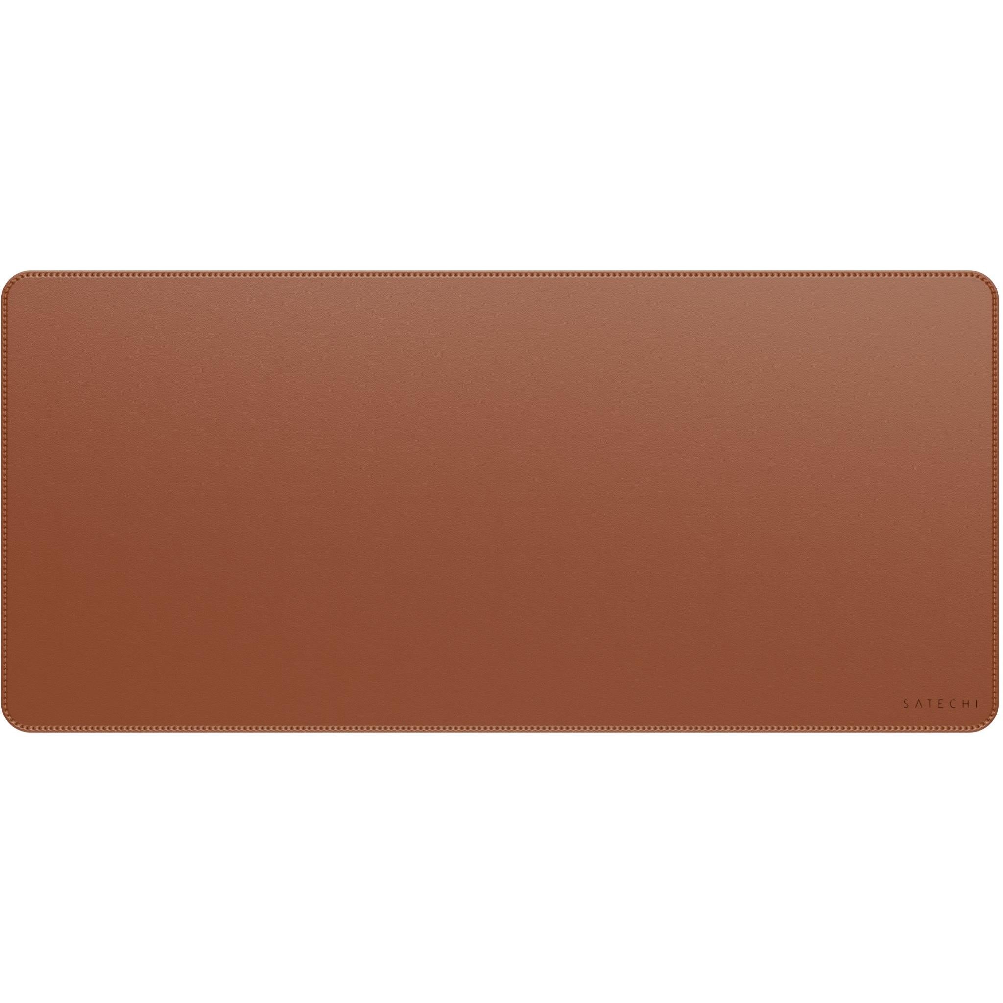 Brown vegan leather desk mat with rounded corners and stitched border.